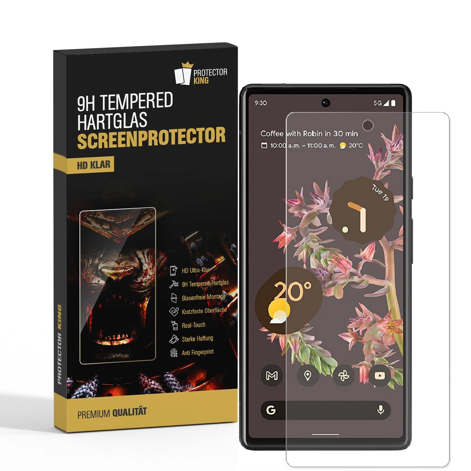 PROTECTORKING 1x 9H Displayschutzfolie(für Google HD Hartglas 6a) Pixel KLAR Google