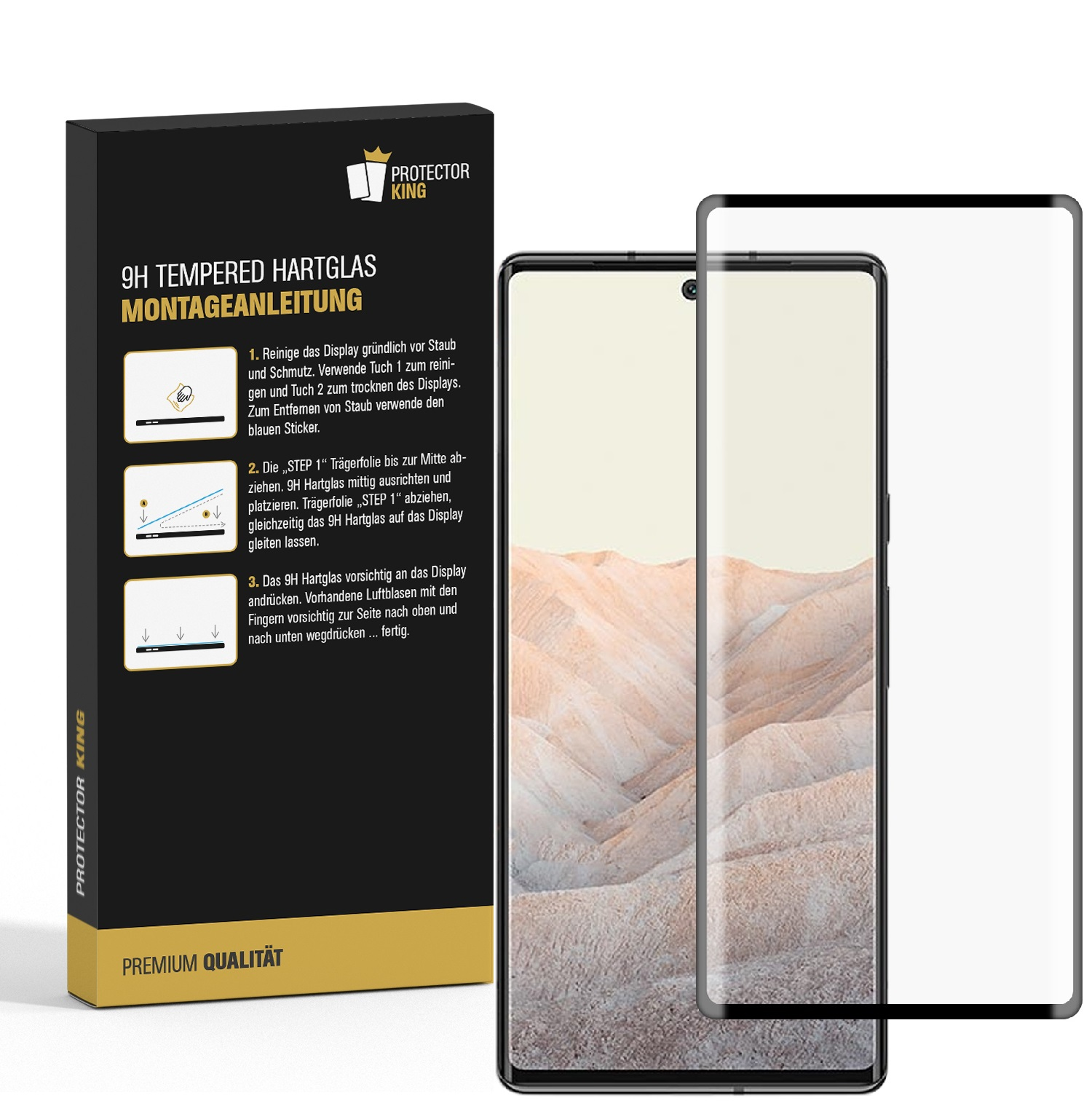 Ein Displayschutz und ein Telefon, neben einer Box mit Anweisungen. Das Telefon ist rechts.
