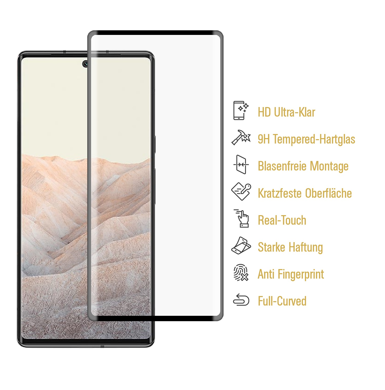 Displayschutzfolie für Telefon. Text: HD Ultra-Klar, 9H Tempered-Hartglas, Anti-Fingerprint.