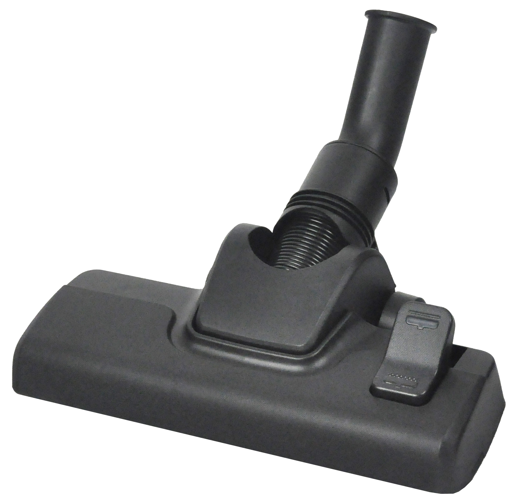 Czarna głowica odkurzacza, pod kątem. Ma prostokątną podstawę i zakrzywioną górę ze złączem węża.