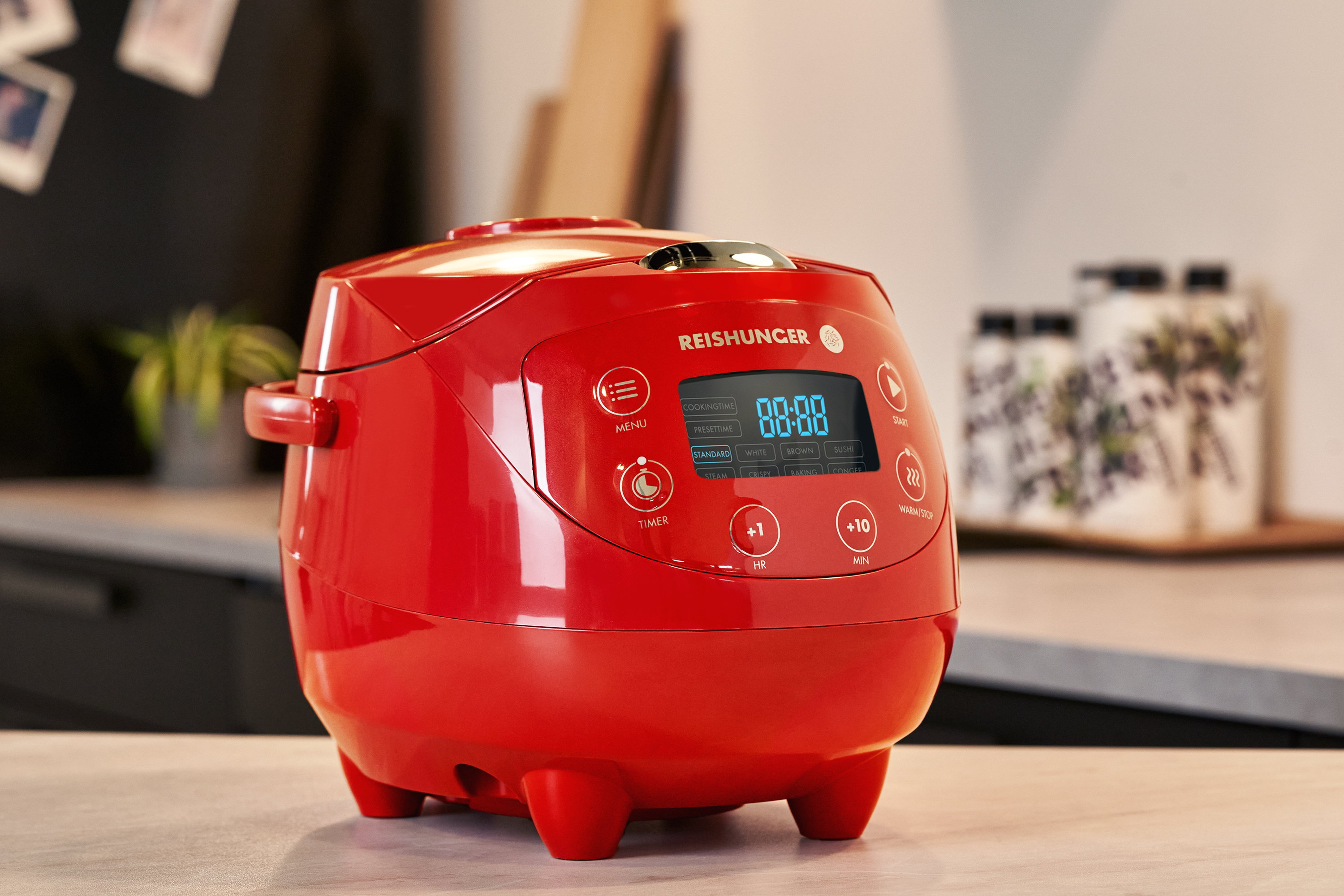 REISHUNGER Digitaler Mini Reiskocher Reiskocher (350 Dampfgarer und Watt, Rot)