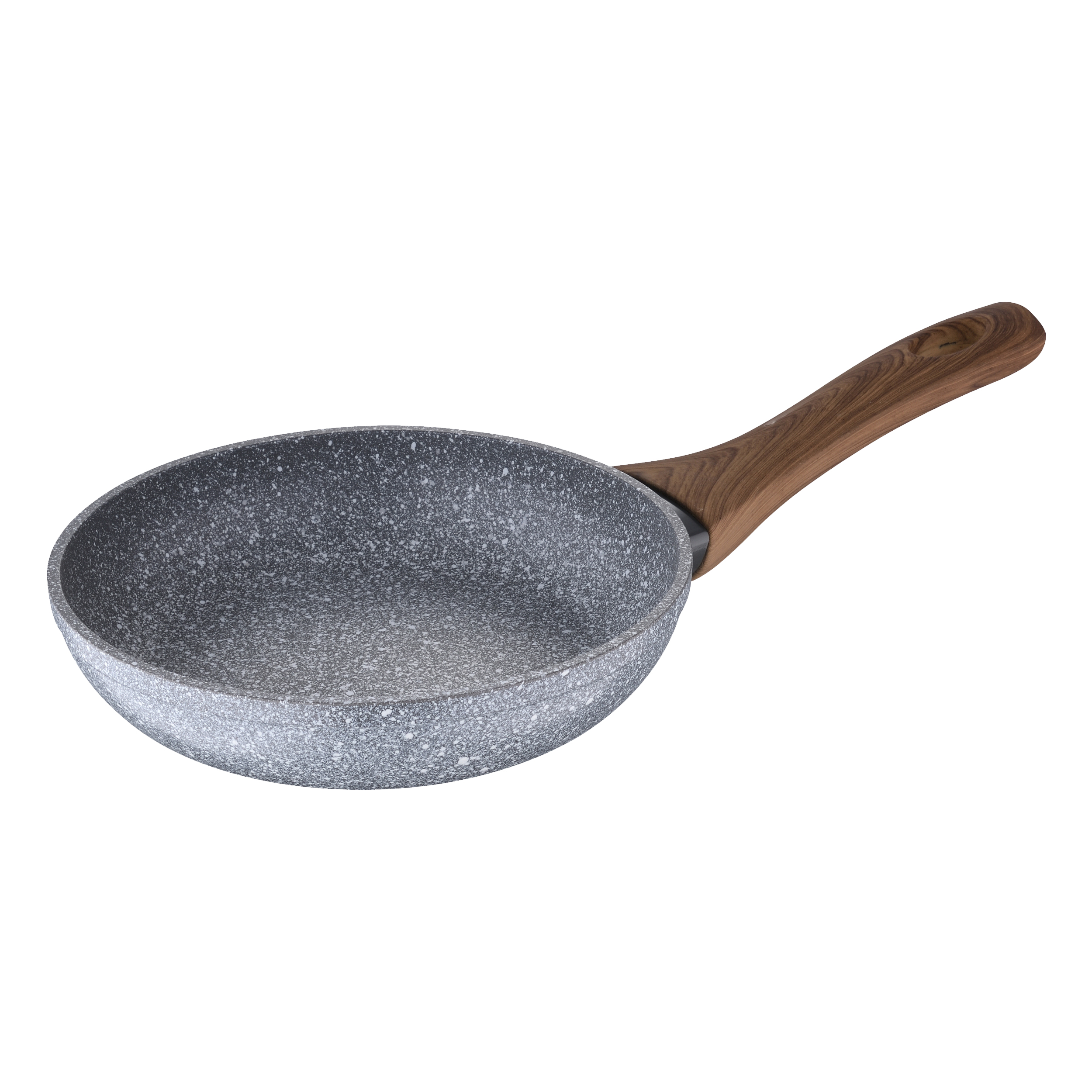 Antihaft-Bratpfanne mit Granit-Optik und Holzgriff auf weißem Hintergrund.