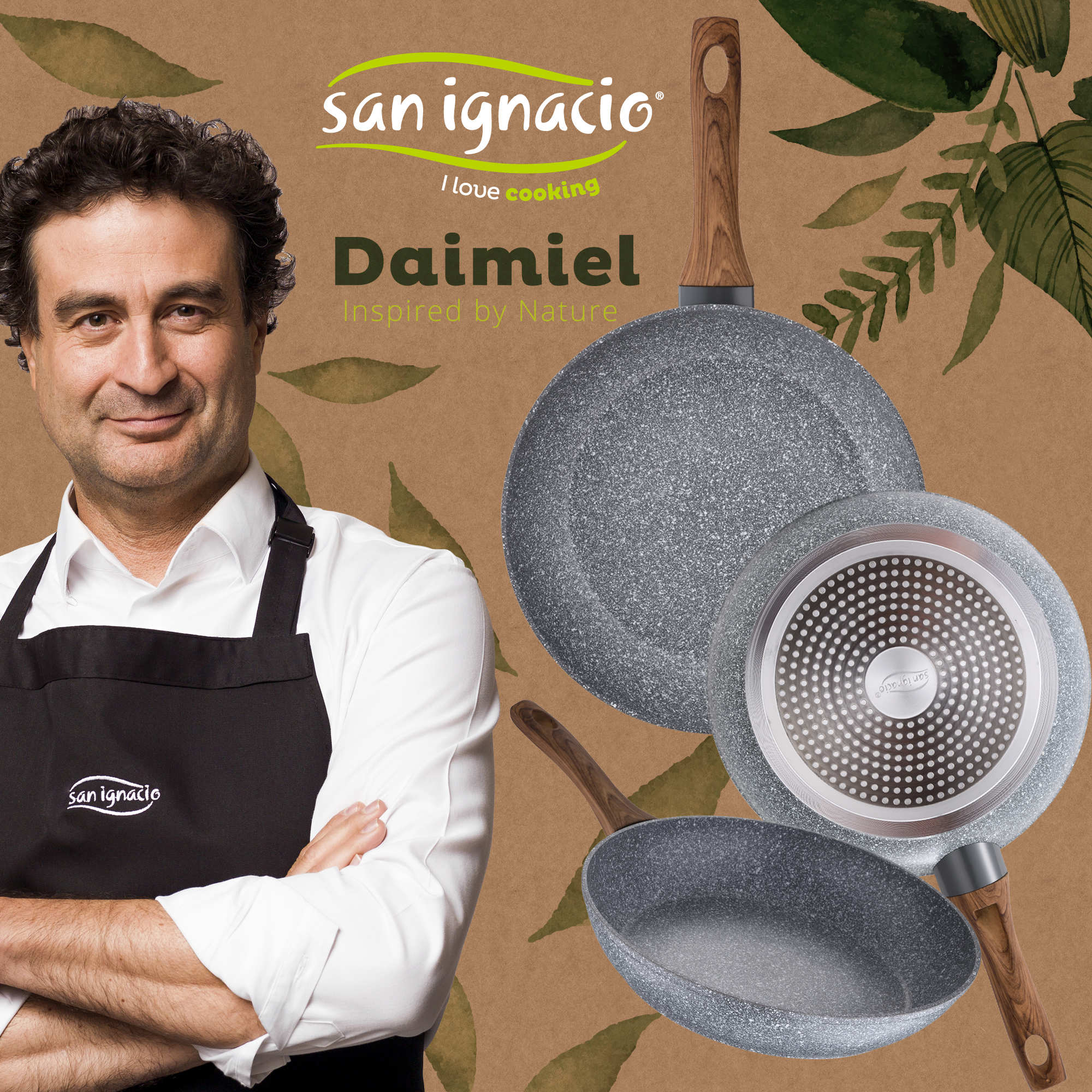 Mann mit Pfannen und Text, 'San Ignacio Daimiel Inspired by Nature'.