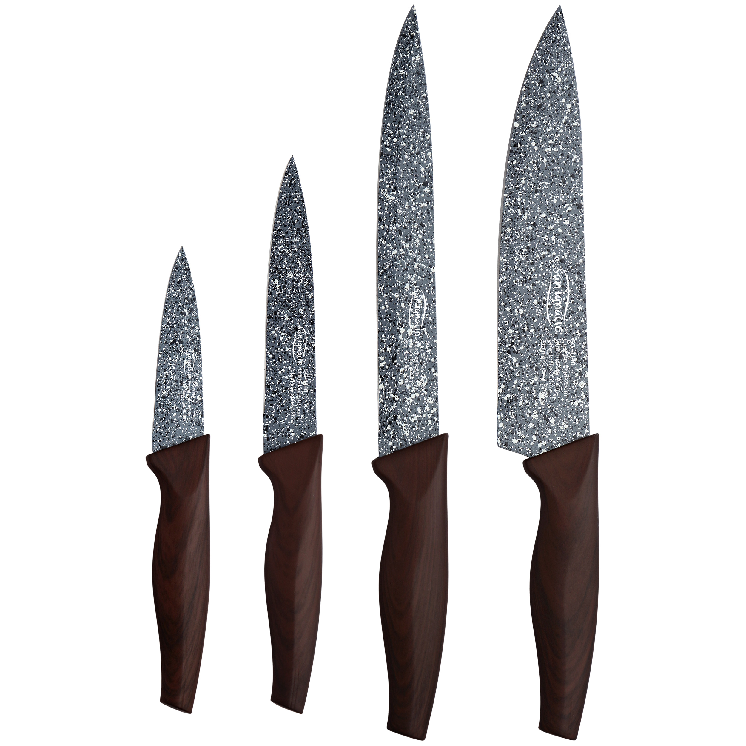 Juego de cuatro cuchillos de cocina con hojas moteadas y mangos de madera oscura.