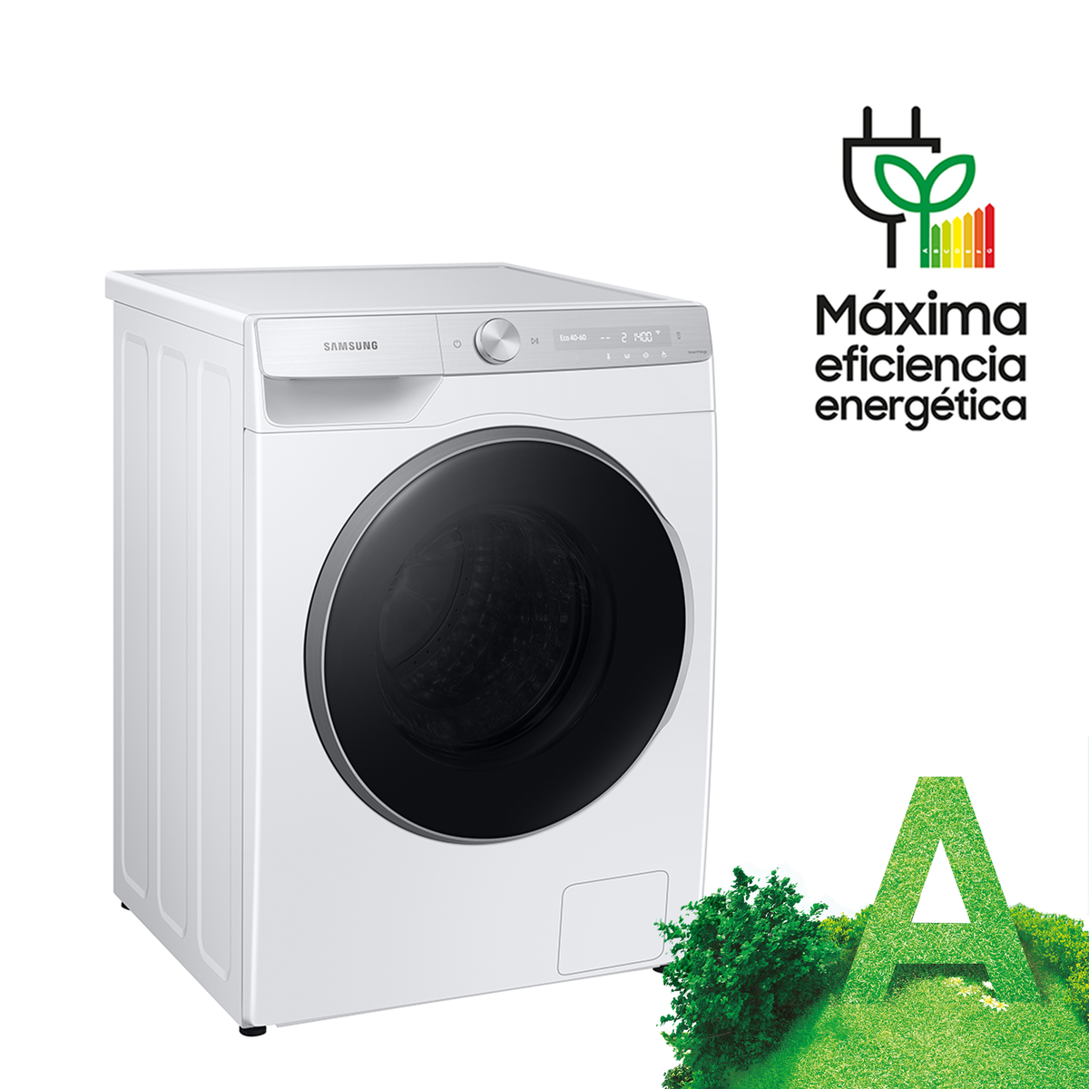 Biała pralka z czarnymi drzwiami. Zielona etykieta efektywności energetycznej i tekst po hiszpańsku.