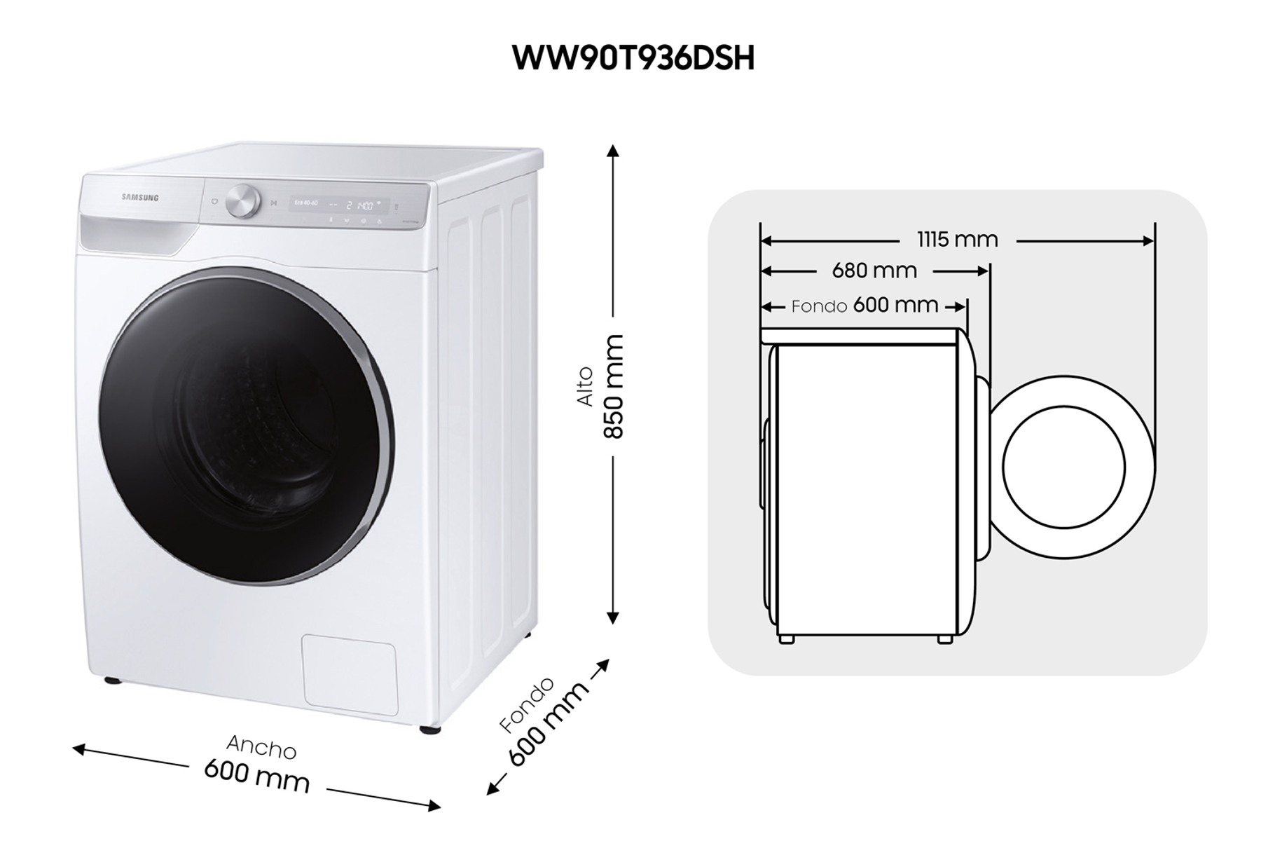 Biała pralka z wymiarami. Wymiary są podane w mm.