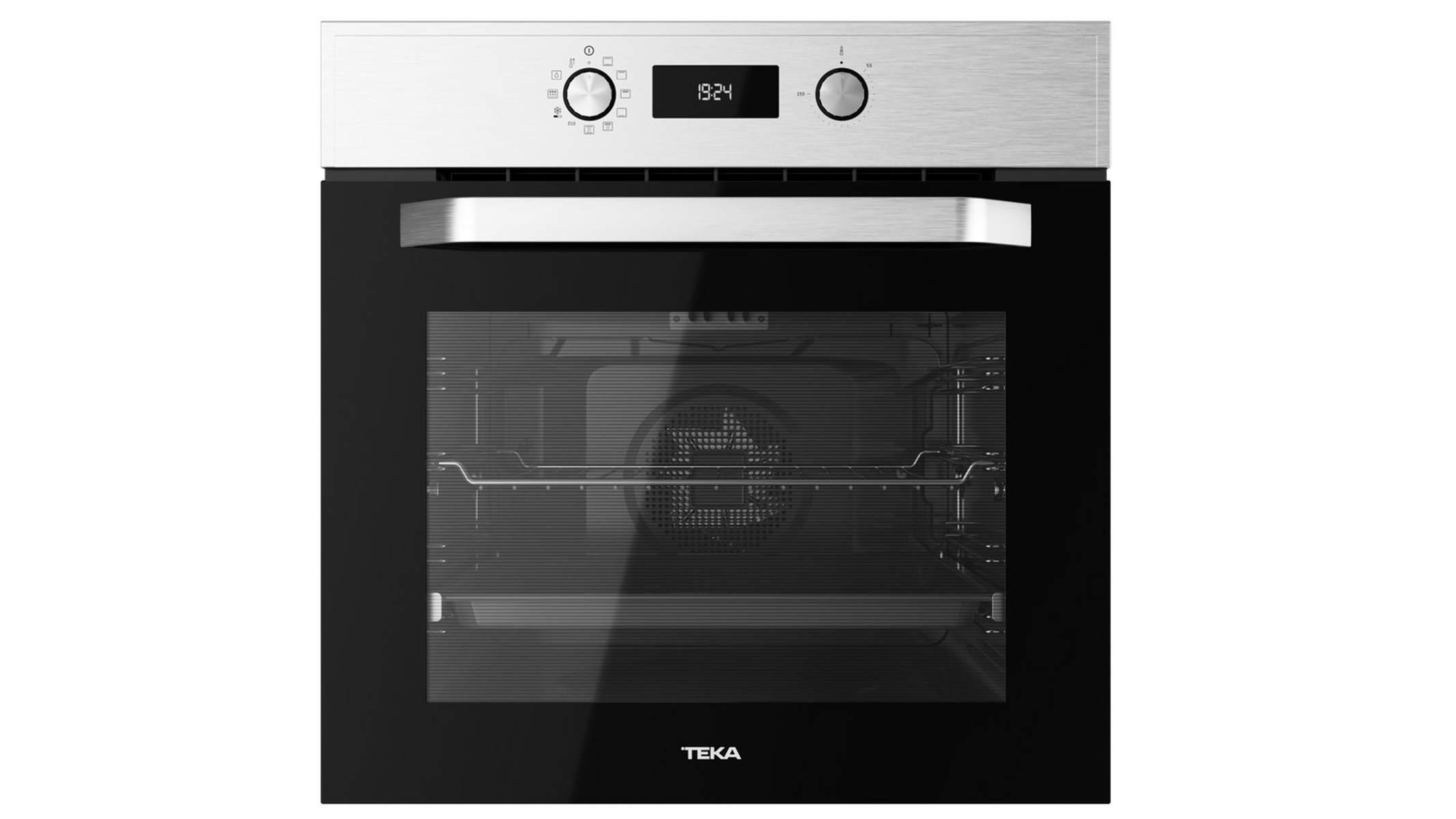 Un horno negro con un panel de acero y un reloj digital. El horno está sobre un fondo blanco.