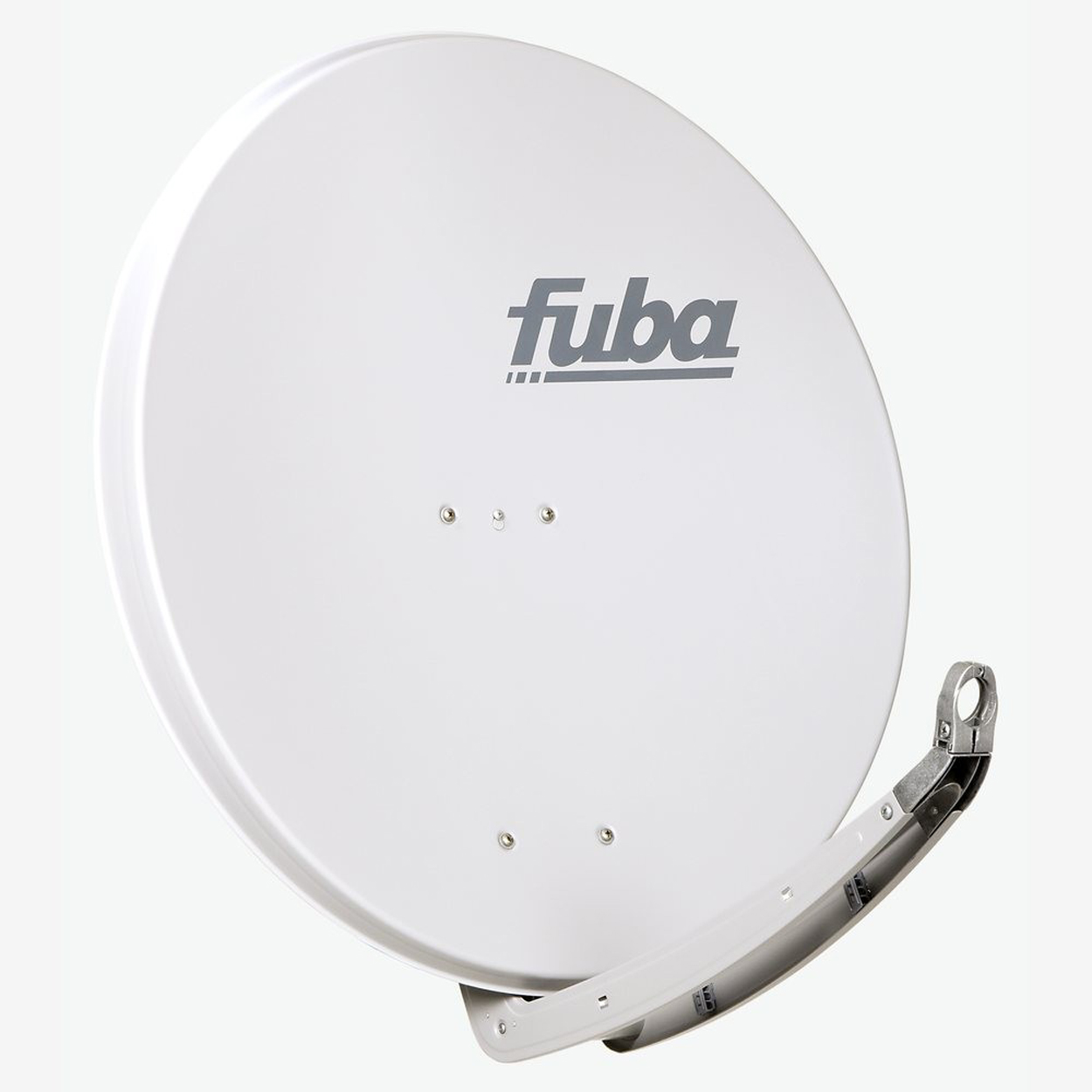 Eine weiße Satellitenschüssel mit dem Wort 'fuba' darauf, vor weißem Hintergrund.