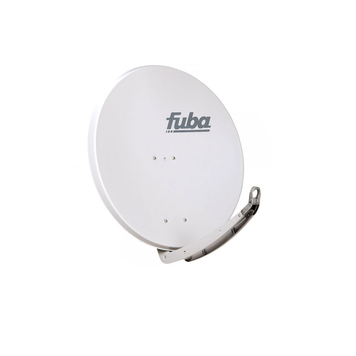 Weiße Satellitenschüssel auf weißem Hintergrund. Es trägt das Wort 'fuba'.