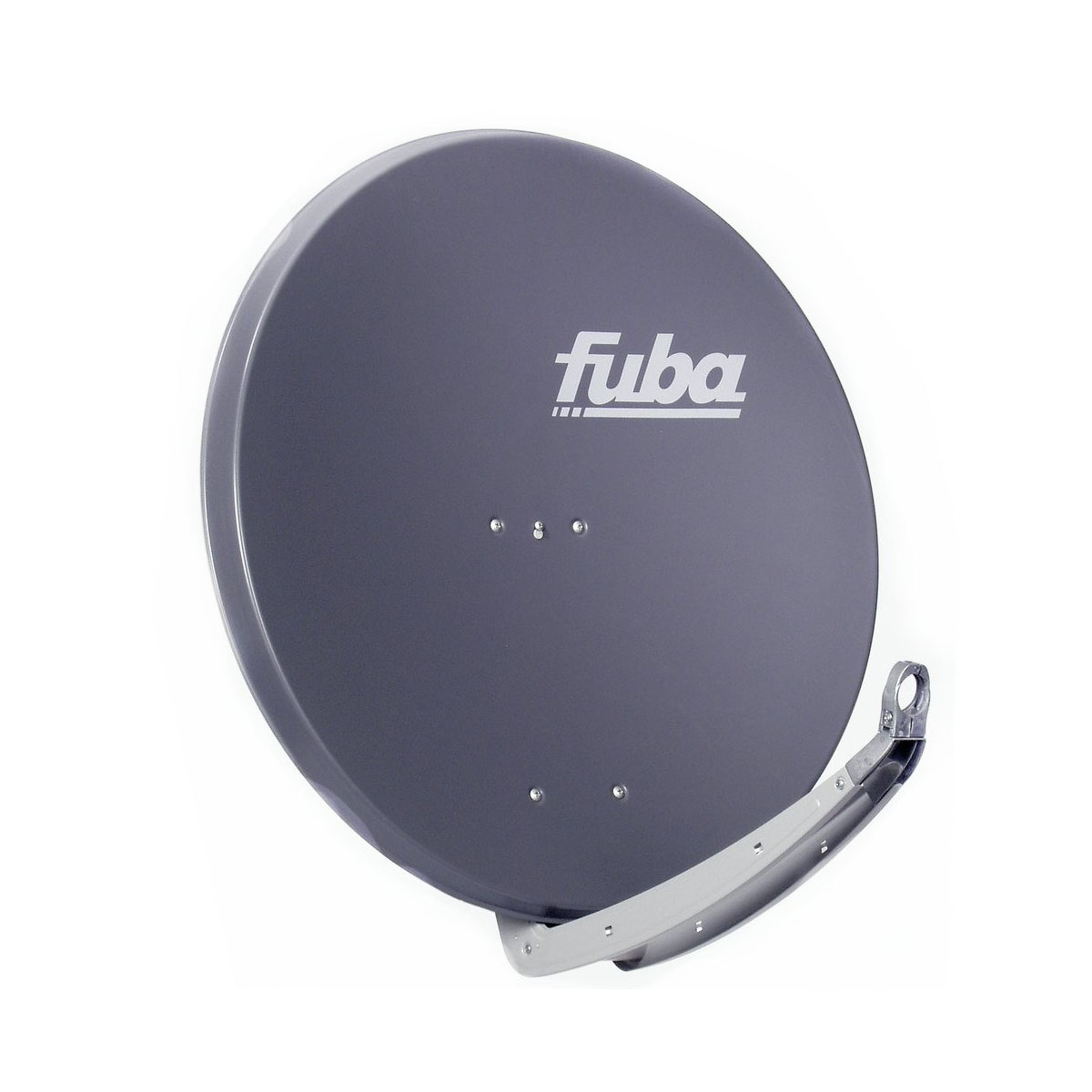 Graue Satellitenschüssel vor weißem Hintergrund. Der Markenname „fuba“ ist sichtbar.