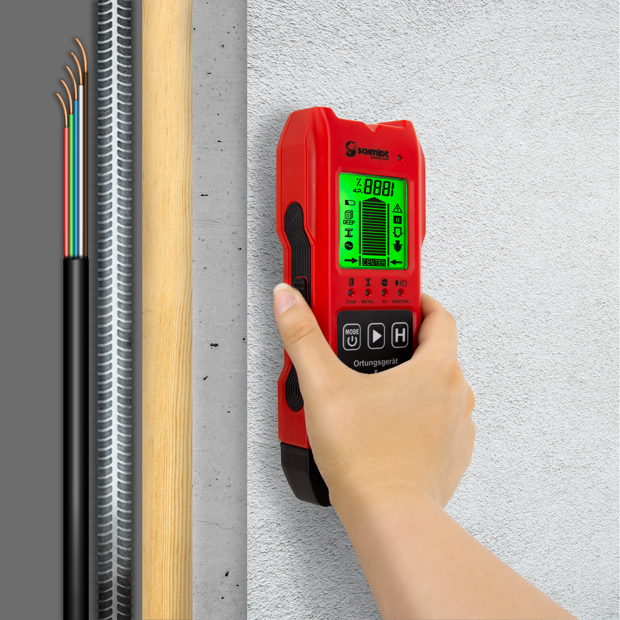 Ein roter Wanddetektor mit grünem Display wird von einer Hand gehalten, mit Kabeln und Wand im Hintergrund.