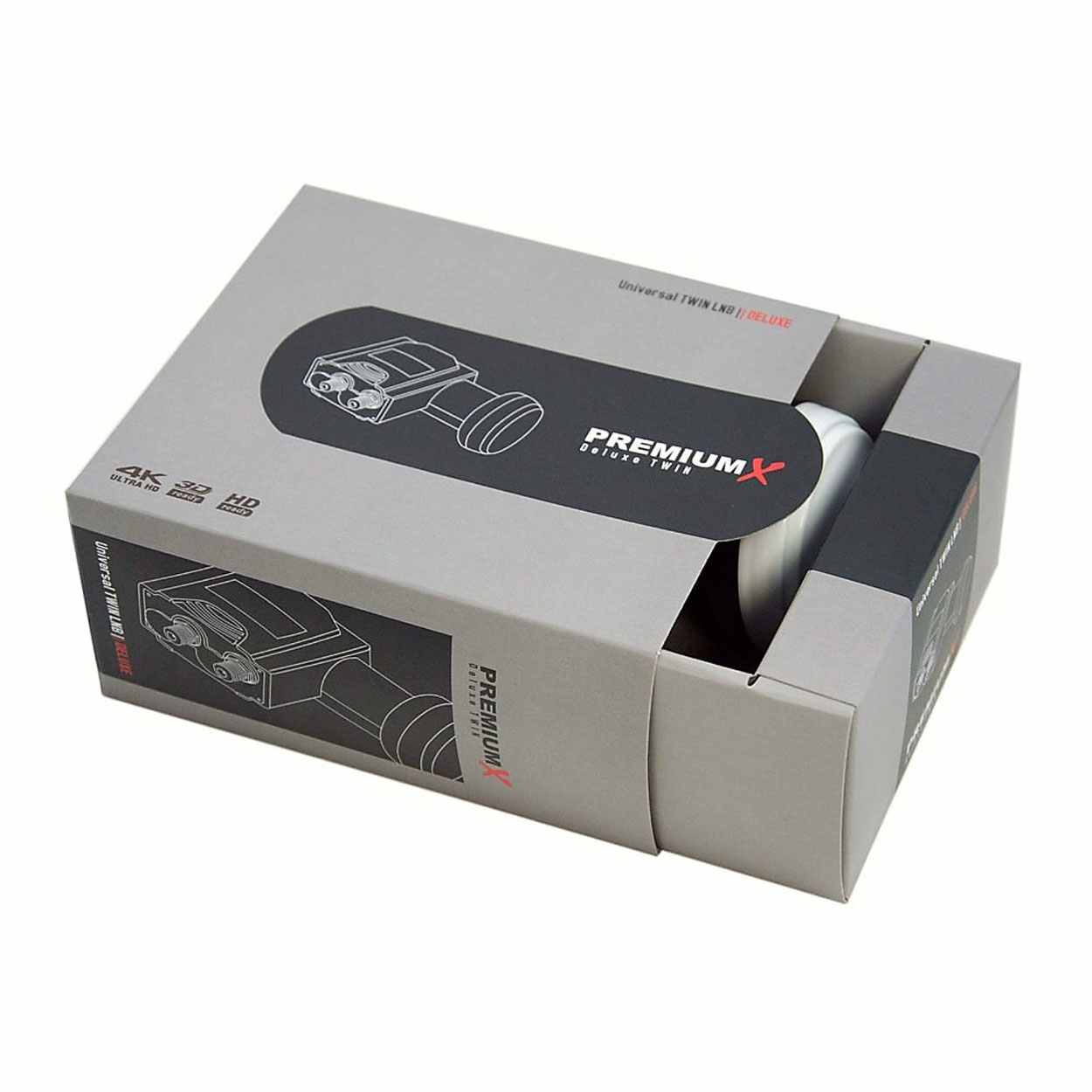 Eine grau-schwarze Box-Verpackung für einen Satellitenempfänger.