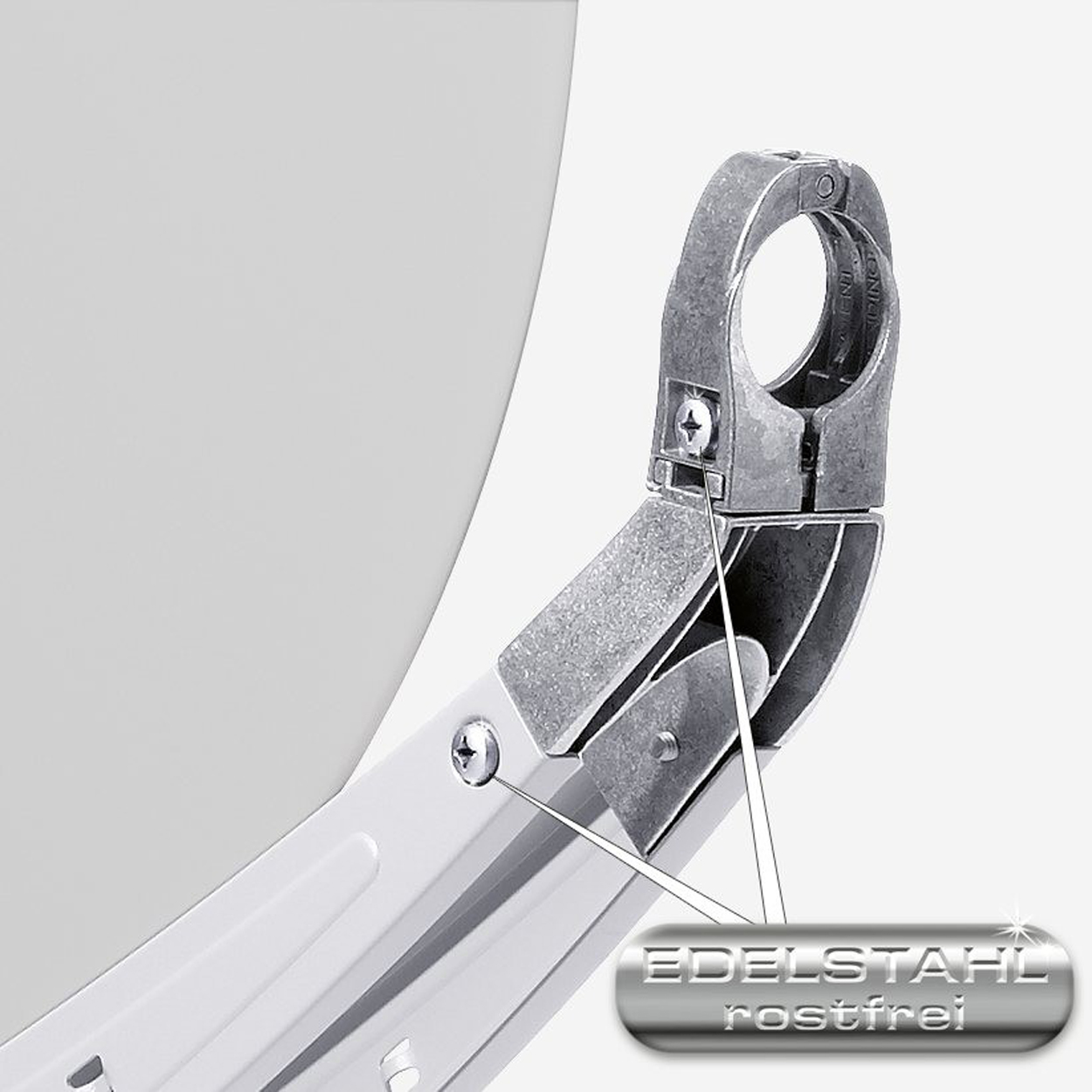 Nahaufnahme einer Metallhalterung mit Text: Edelstahl rostfrei.