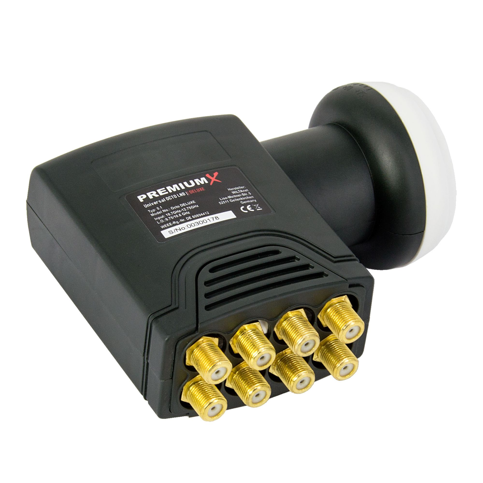 Schwarzer Receiver mit mehreren goldfarbenen Eingangsanschlüssen. Er hat das PremiumX-Logo und Produktinformationen.