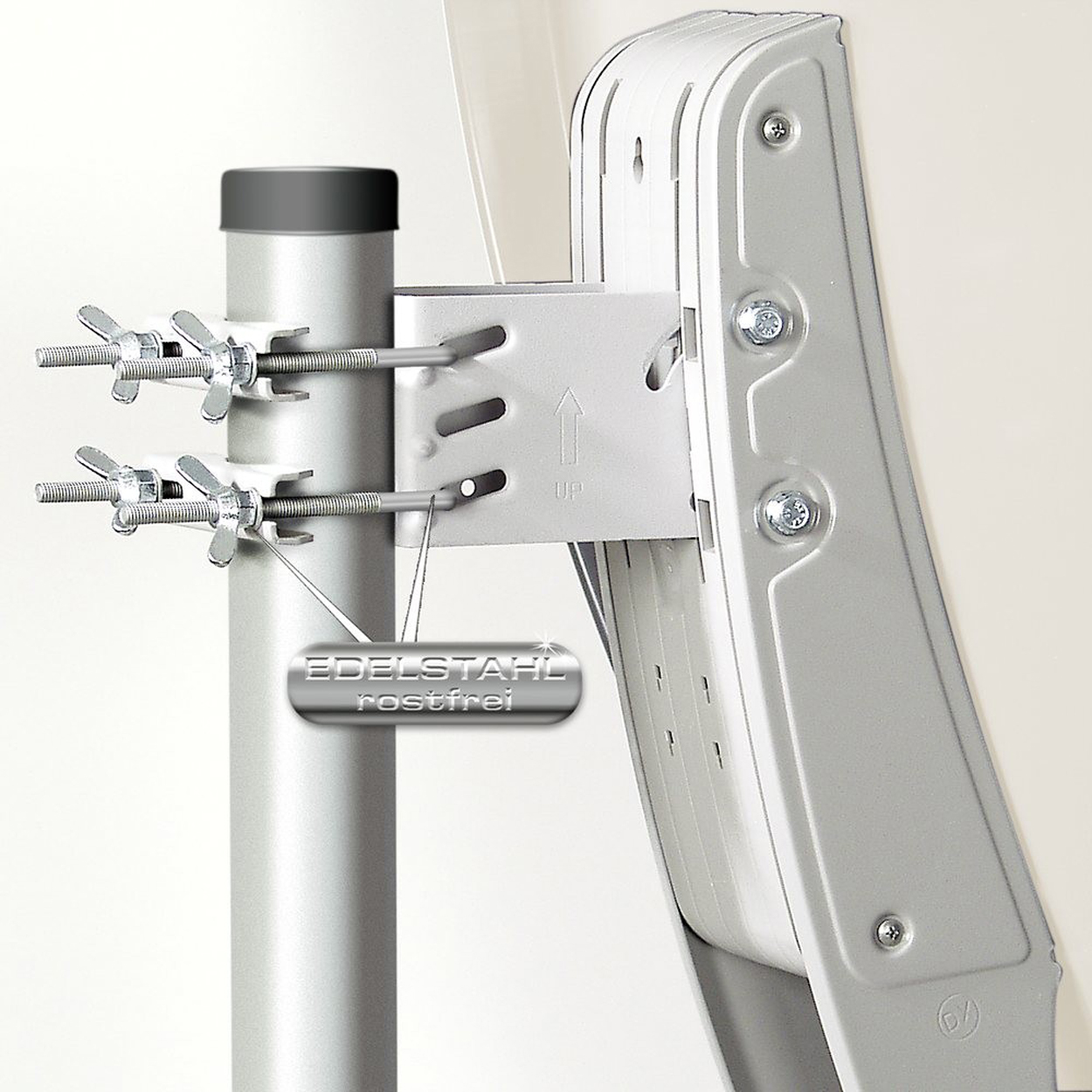 Satellitenschüsselhalterung mit Hardware. Text: Edelstahl rostfrei. Metallhalterung mit Schrauben.