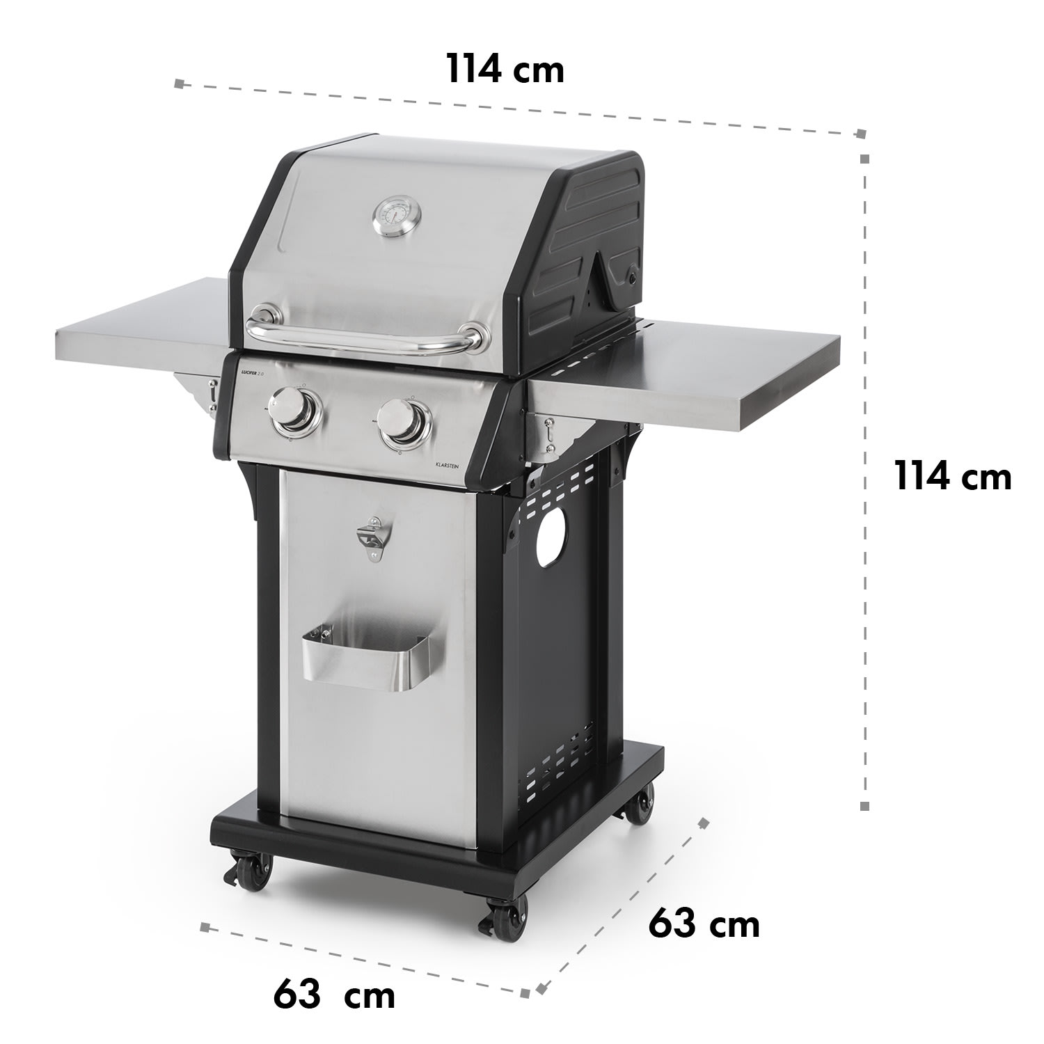 Edelstahlgrill mit Abmessungen: 114x114x63 cm.