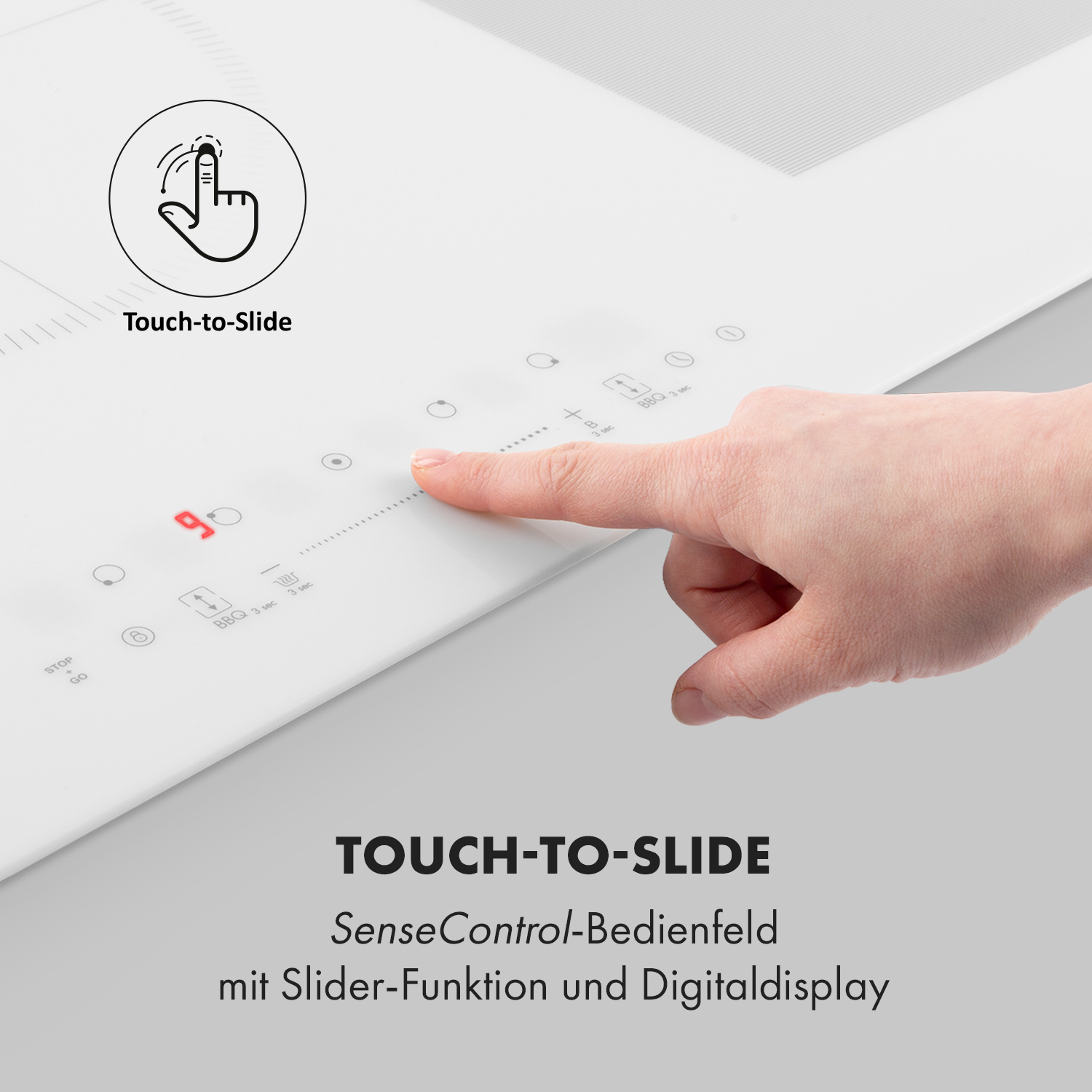 Una vitrocerámica blanca con una mano señalando los controles. El texto dice 'Touch-to-Slide'.