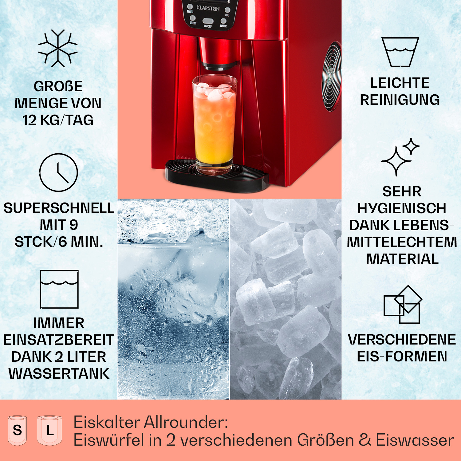 Ein roter Eisbereiter mit einem Glas Saft und Eiswürfeln. Die Maschine macht Eiswürfel in verschiedenen Formen und Größen.