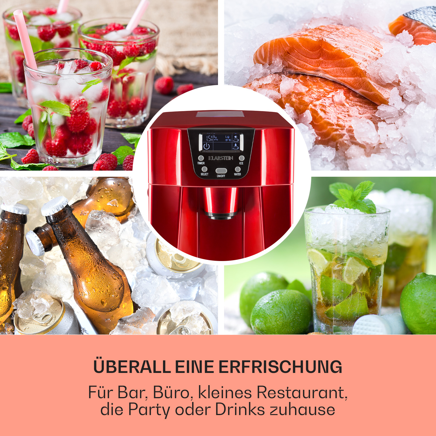 Eine Collage mit rotem Eisbereiter, Getränken und Essen, mit deutschem Text: 'ÜBERALL EINE ERFRISCHUNG'.
