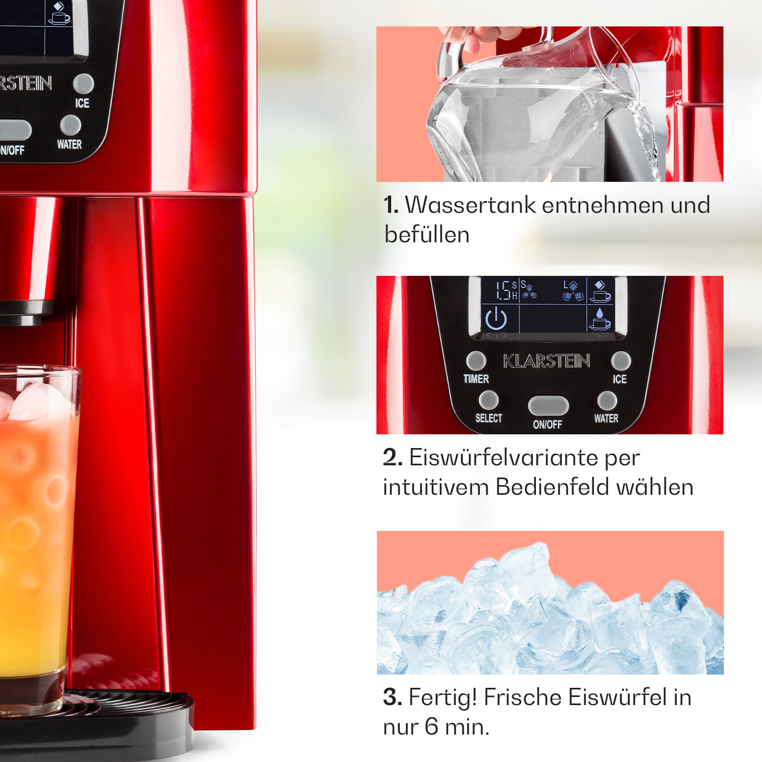 Ein roter Eisbereiter mit Gebrauchsanweisung: Wasser einfüllen, Eis auswählen und Eiswürfel in 6 Minuten erhalten.