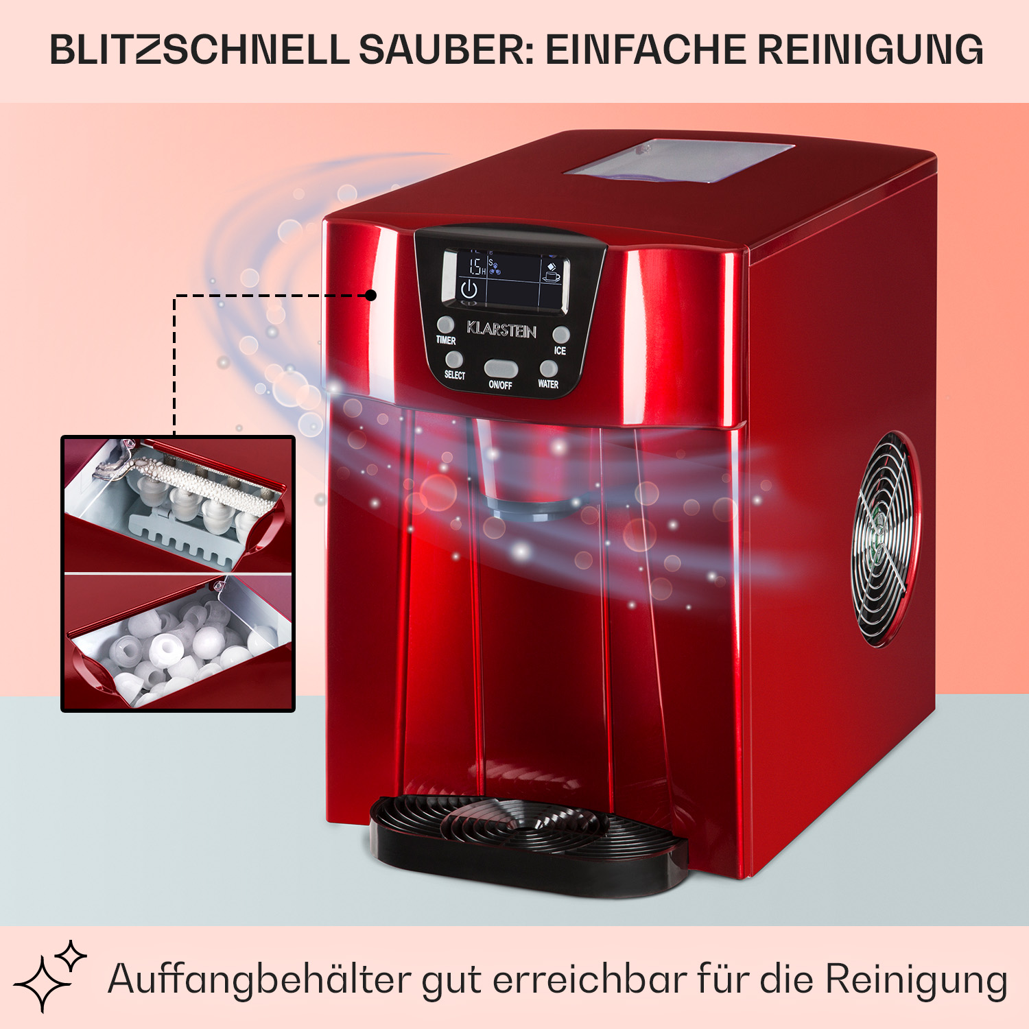 Rote Eismaschine mit zwei Bildern, die Eisbälle zeigen, und Text über einfache Reinigung.
