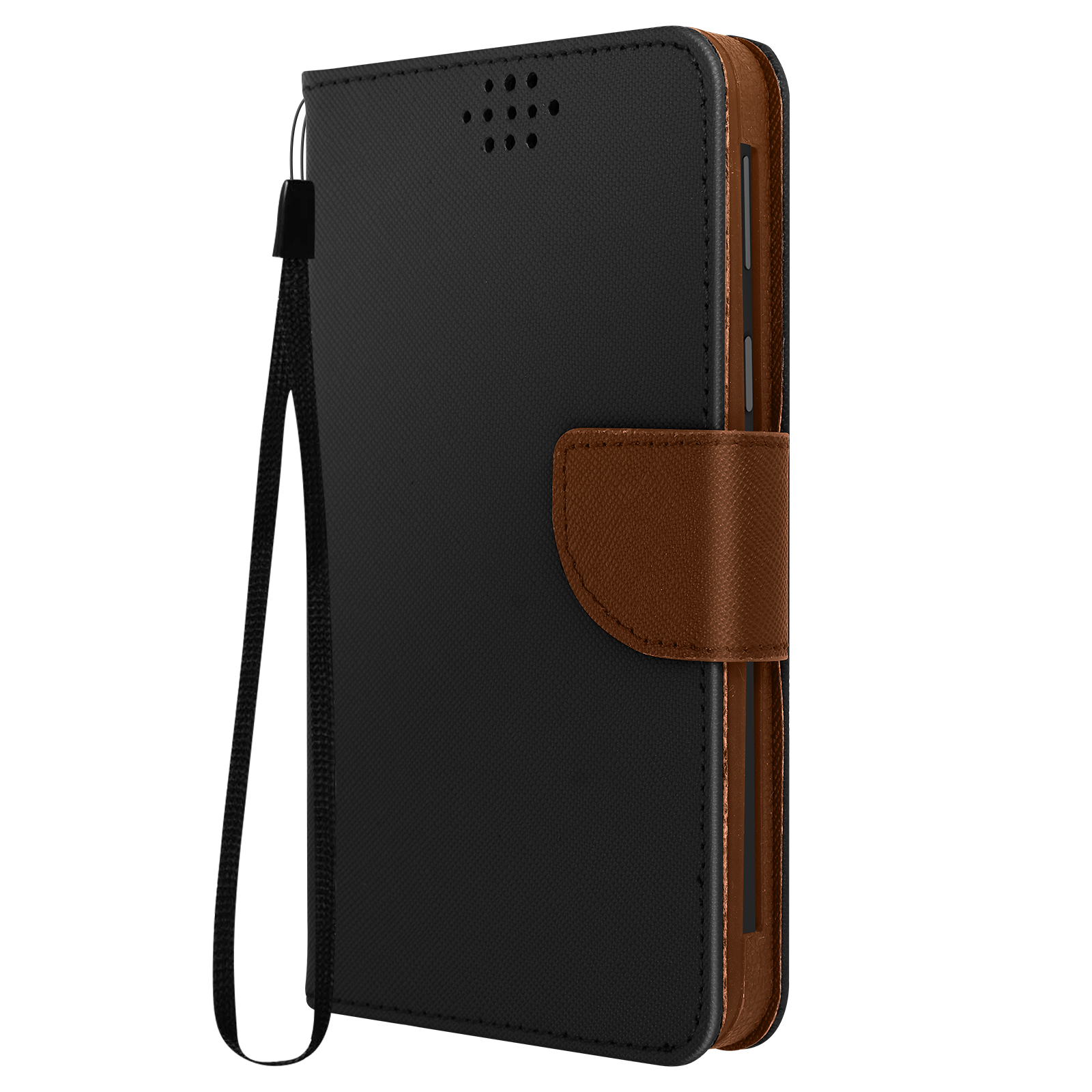 Zwarte telefoonhoes met bruine flap. Er zit een zwarte riem aan vast.