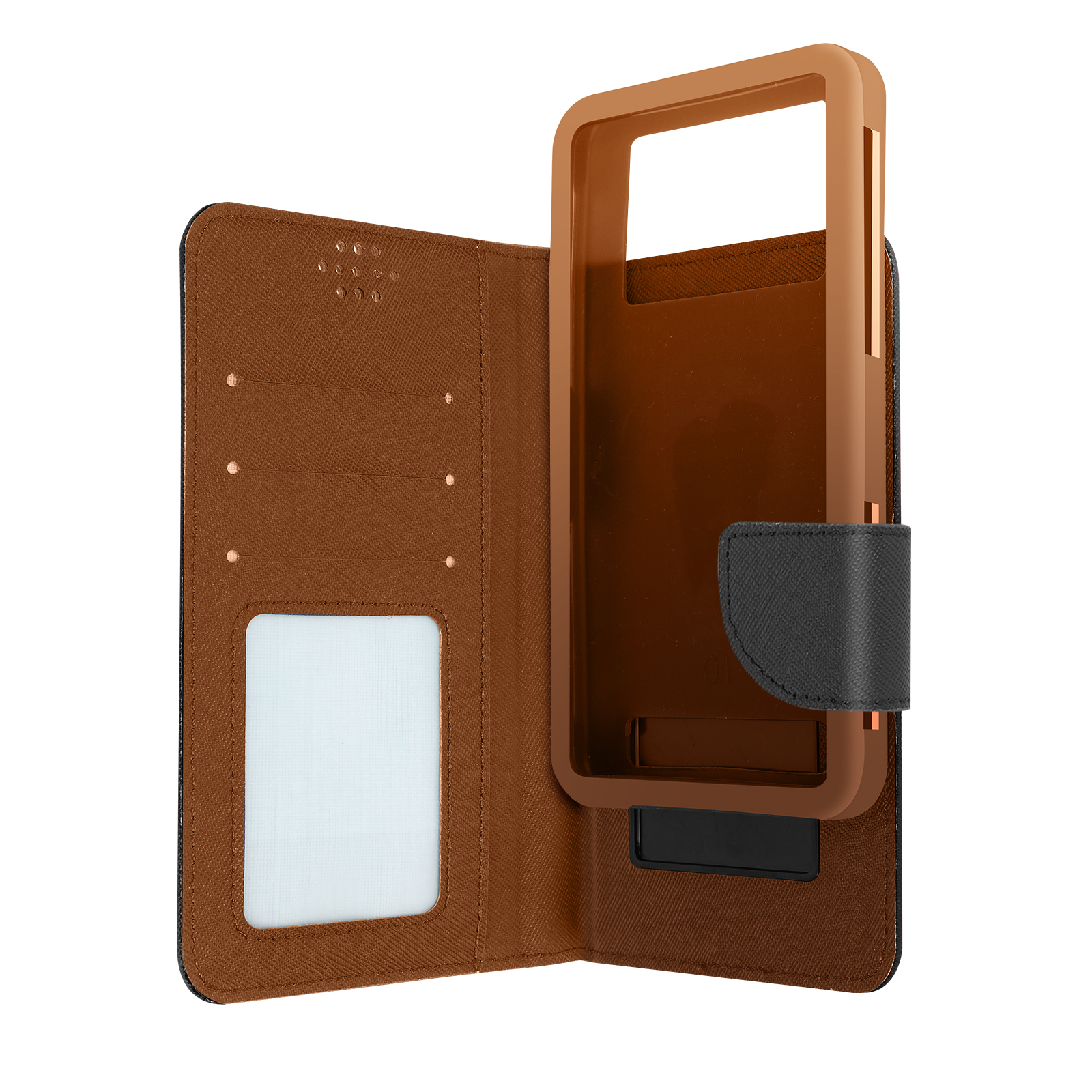 Open telefoonhoes met een telefoon erin. De hoes is bruin en zwart. Kaartsleuven zijn zichtbaar.