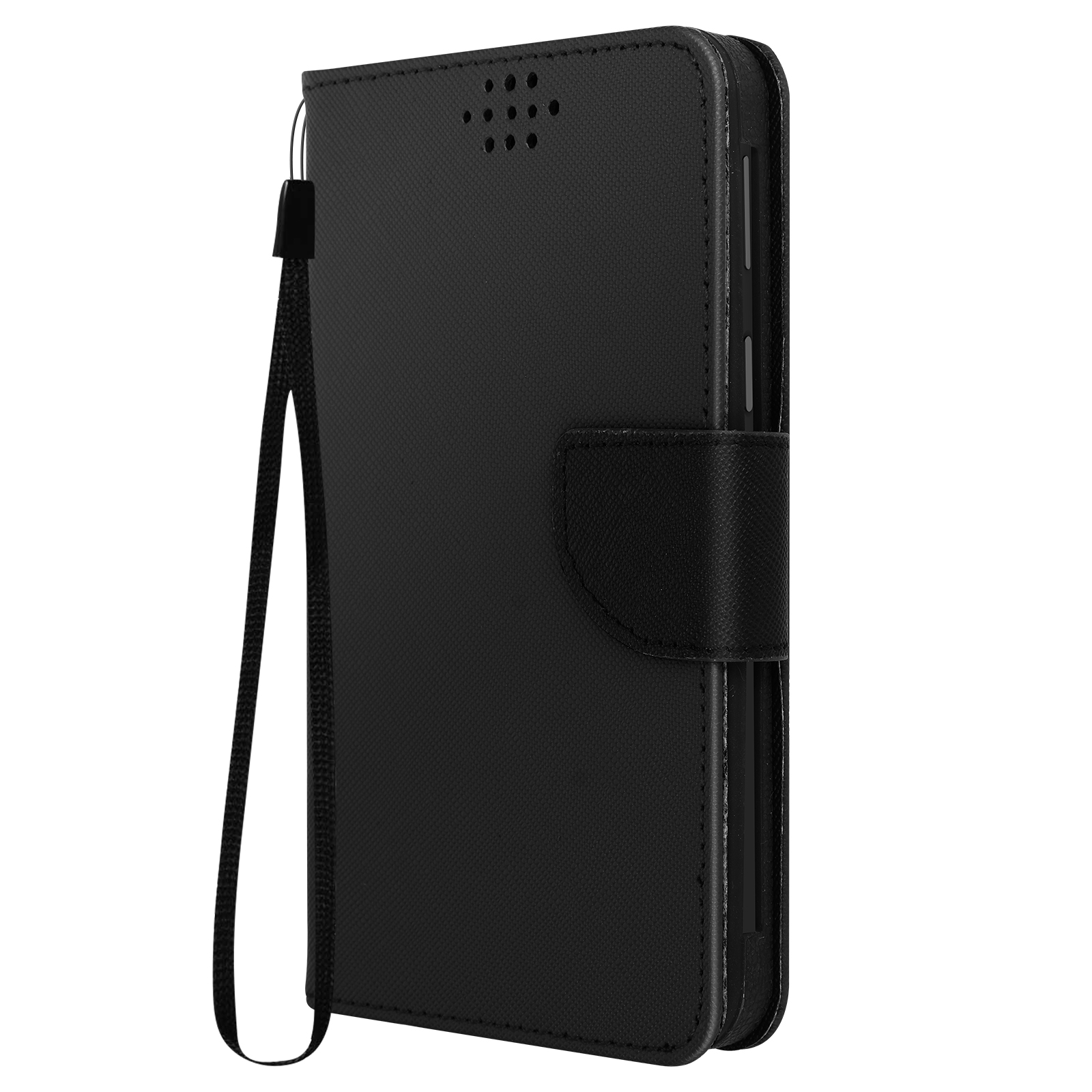 Un étui de téléphone noir avec une dragonne, fermé et orienté vers la droite.