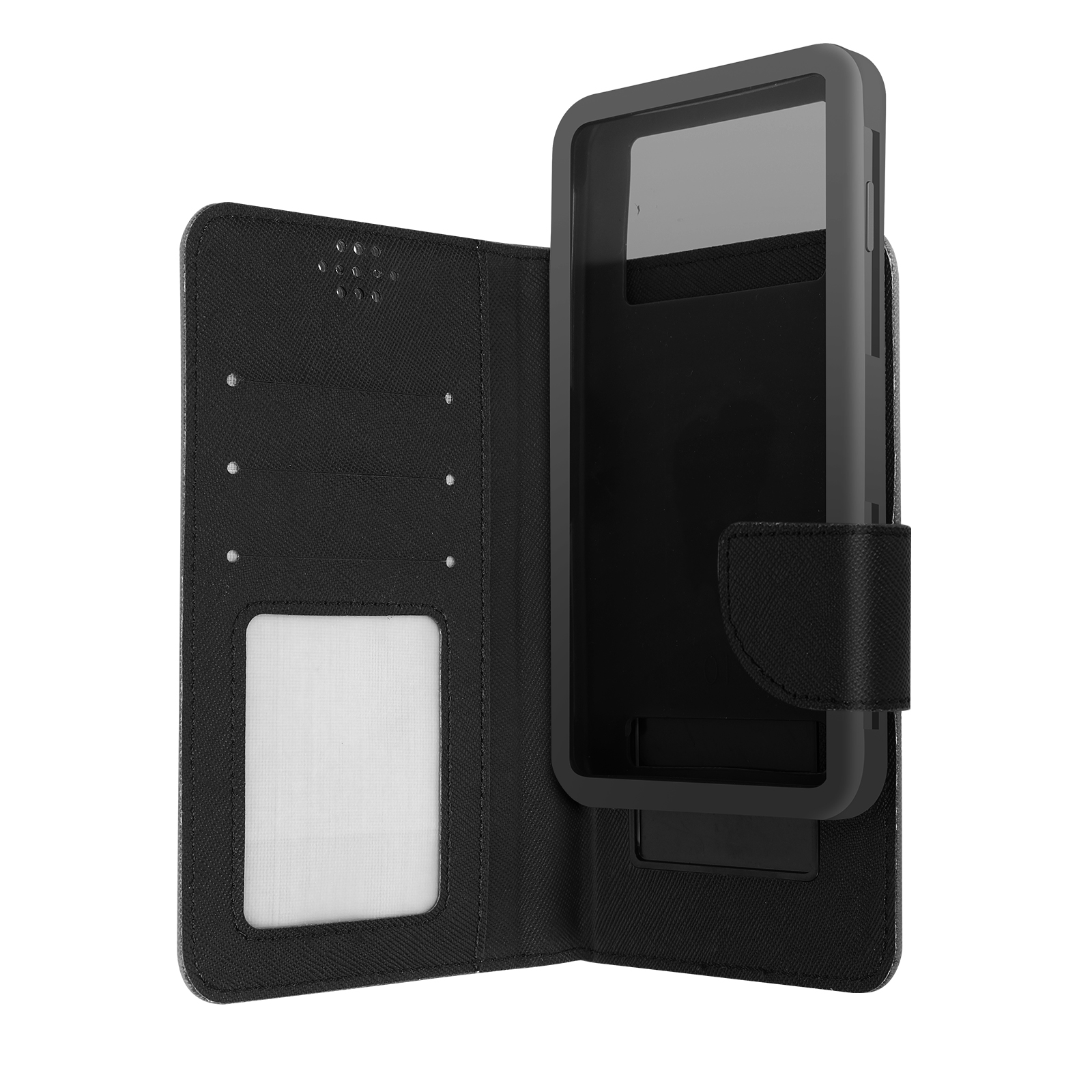 Étui de téléphone noir, ouvert. Montre le téléphone à l'intérieur.