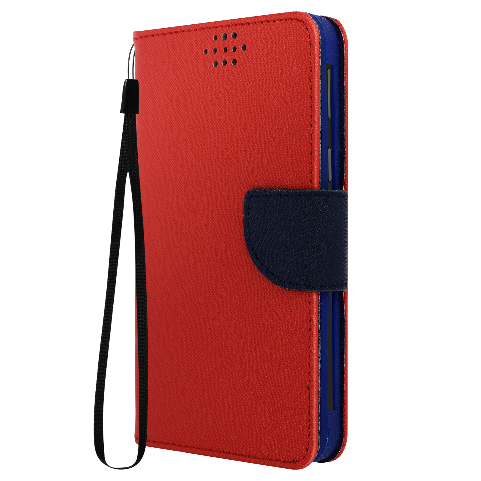 Custodia per telefono rossa con patta blu. Ha un cinturino nero. La custodia è chiusa.