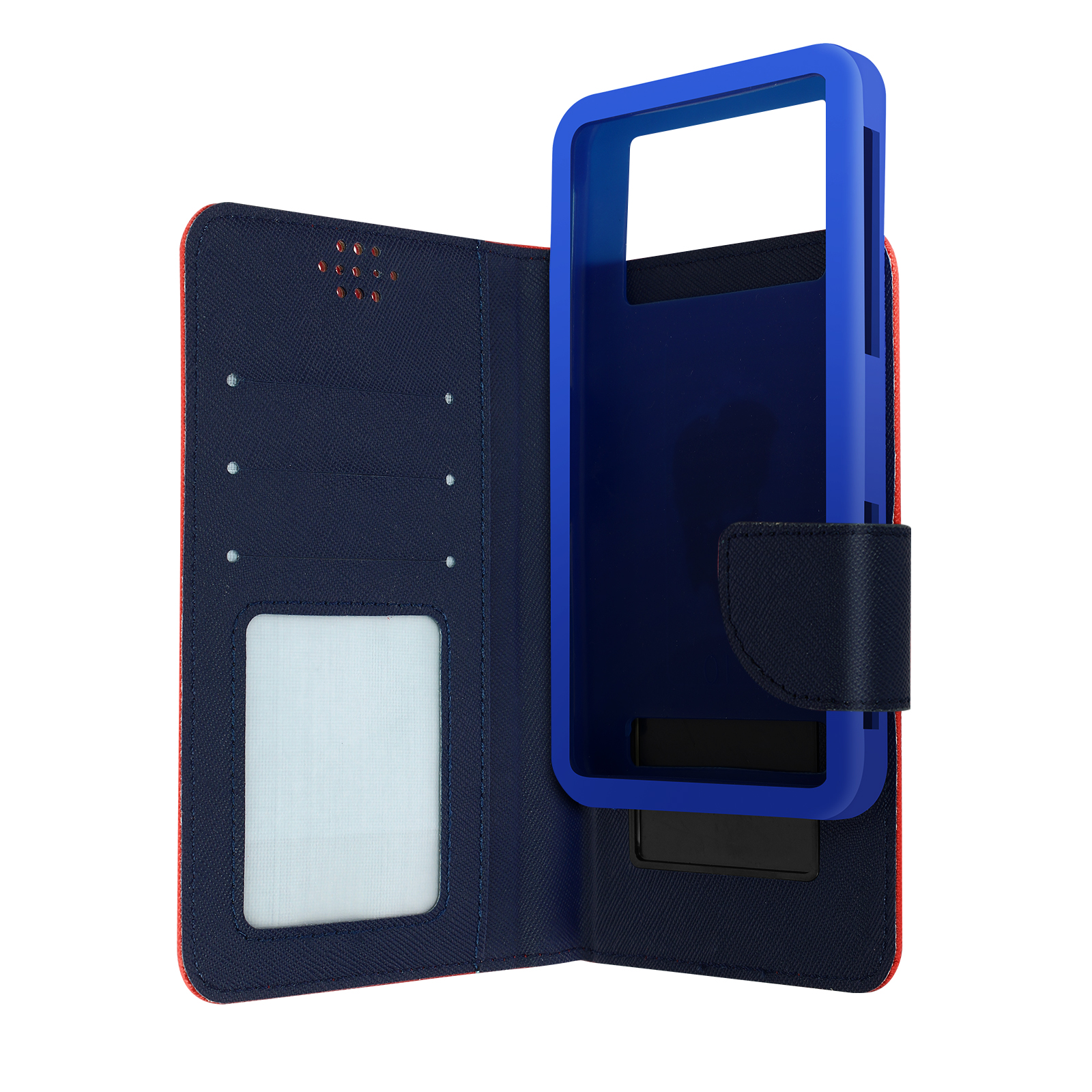 Custodia del telefono aperta, rossa e blu, con fessure per carte e supporto blu.