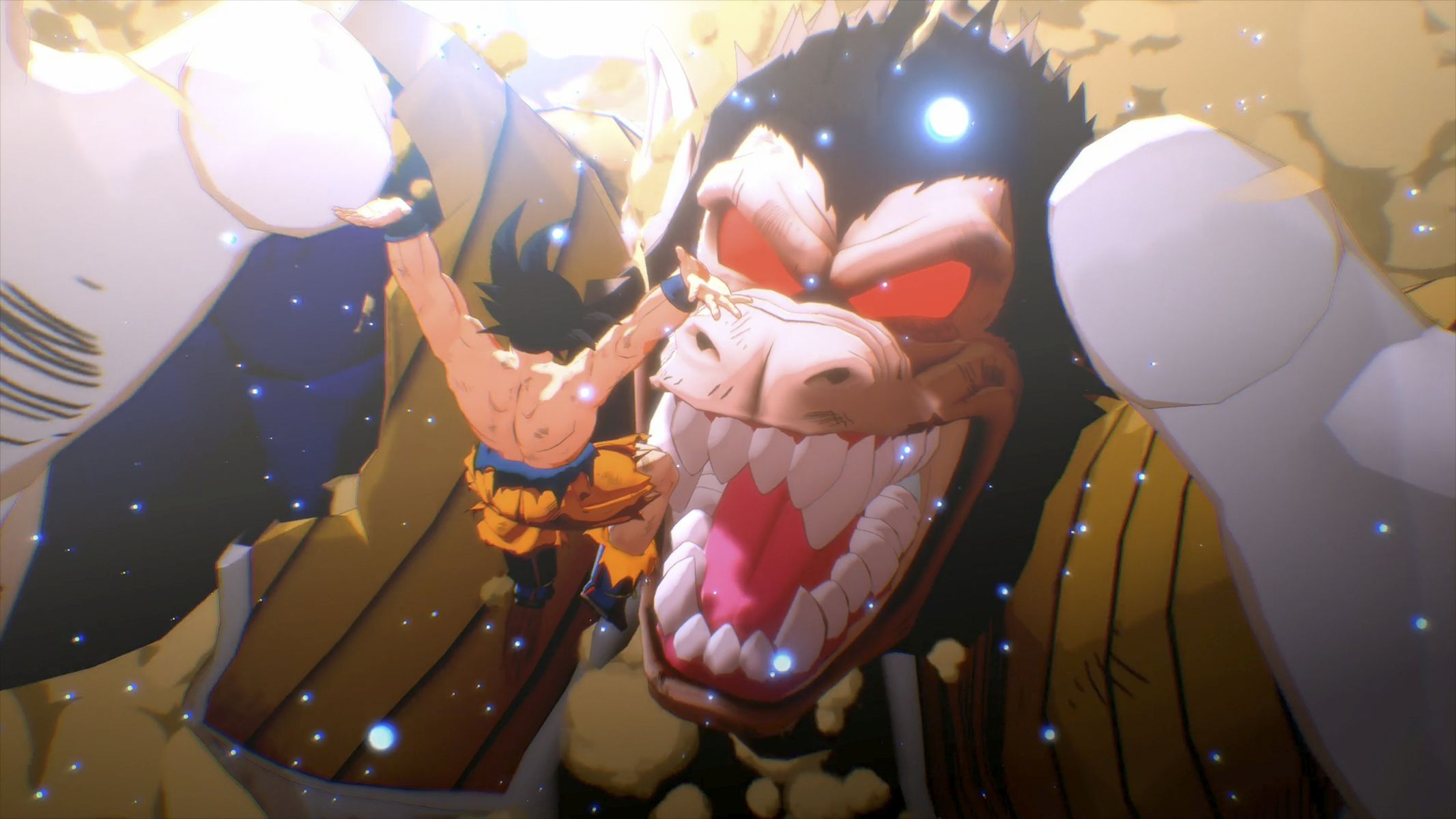Goku kämpft gegen einen riesigen Affen. Der Affe ist braun mit roten Augen und weißen Zähnen, Goku ist orange und muskulös.