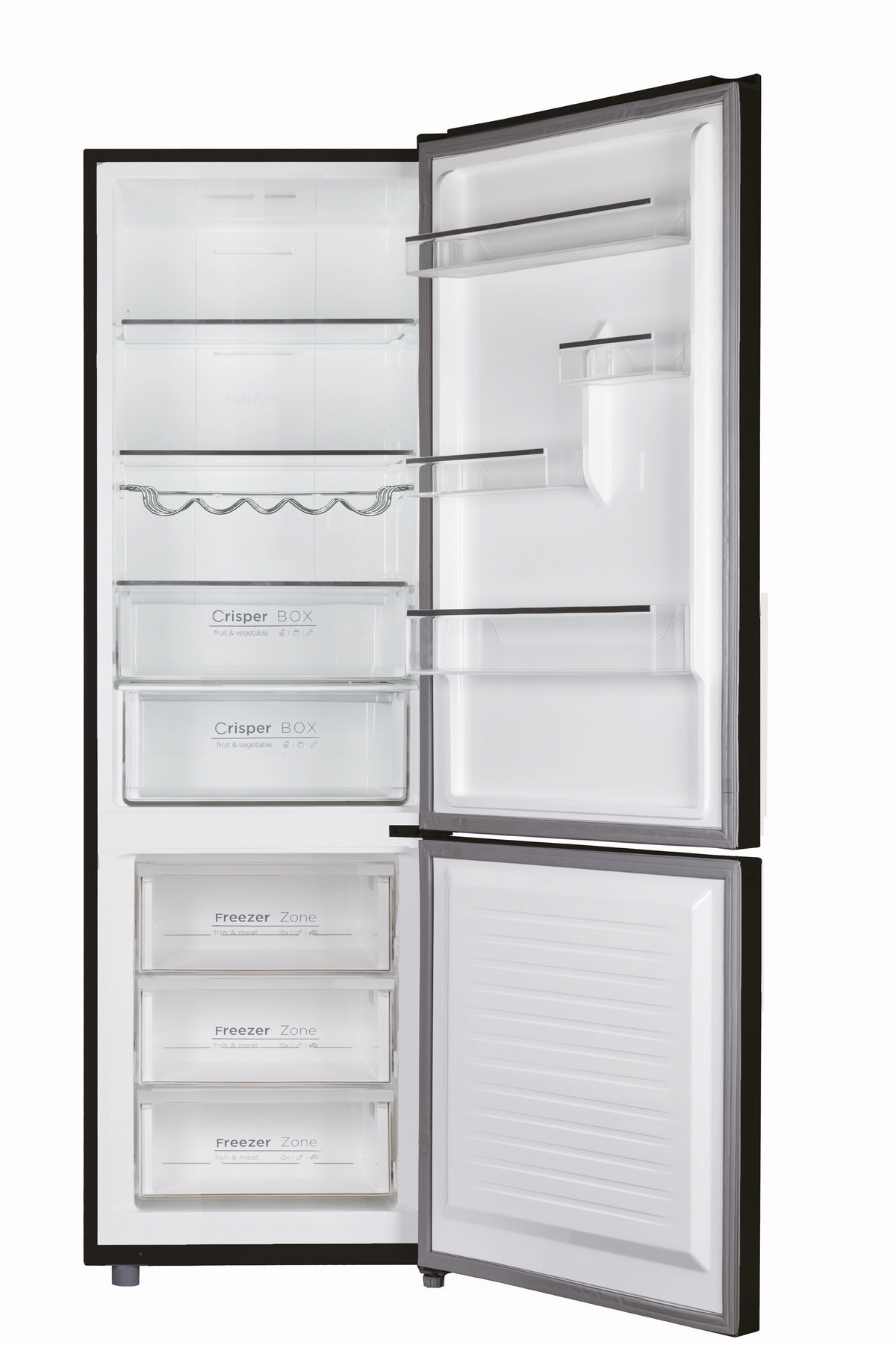 Refrigerador abierto con estantes, cajones para verduras y compartimentos congeladores.