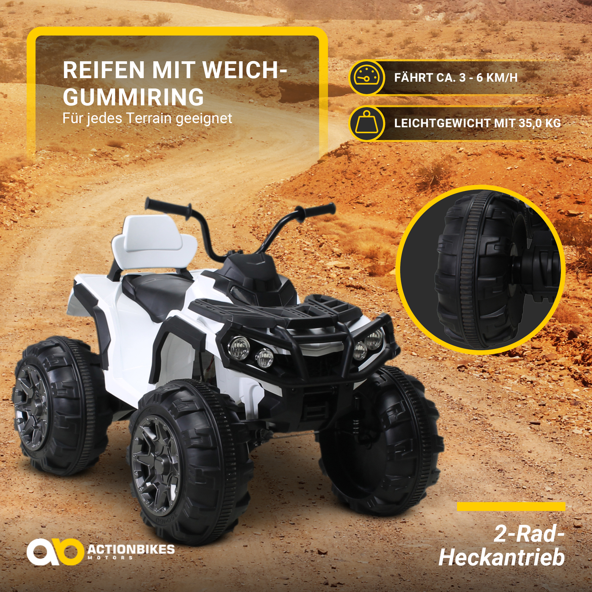 Weißes und schwarzes ATV auf einer unbefestigten Straße. Text sagt REIFEN MIT WEICH-GUMMIRING und 2-Rad-Heckantrieb.