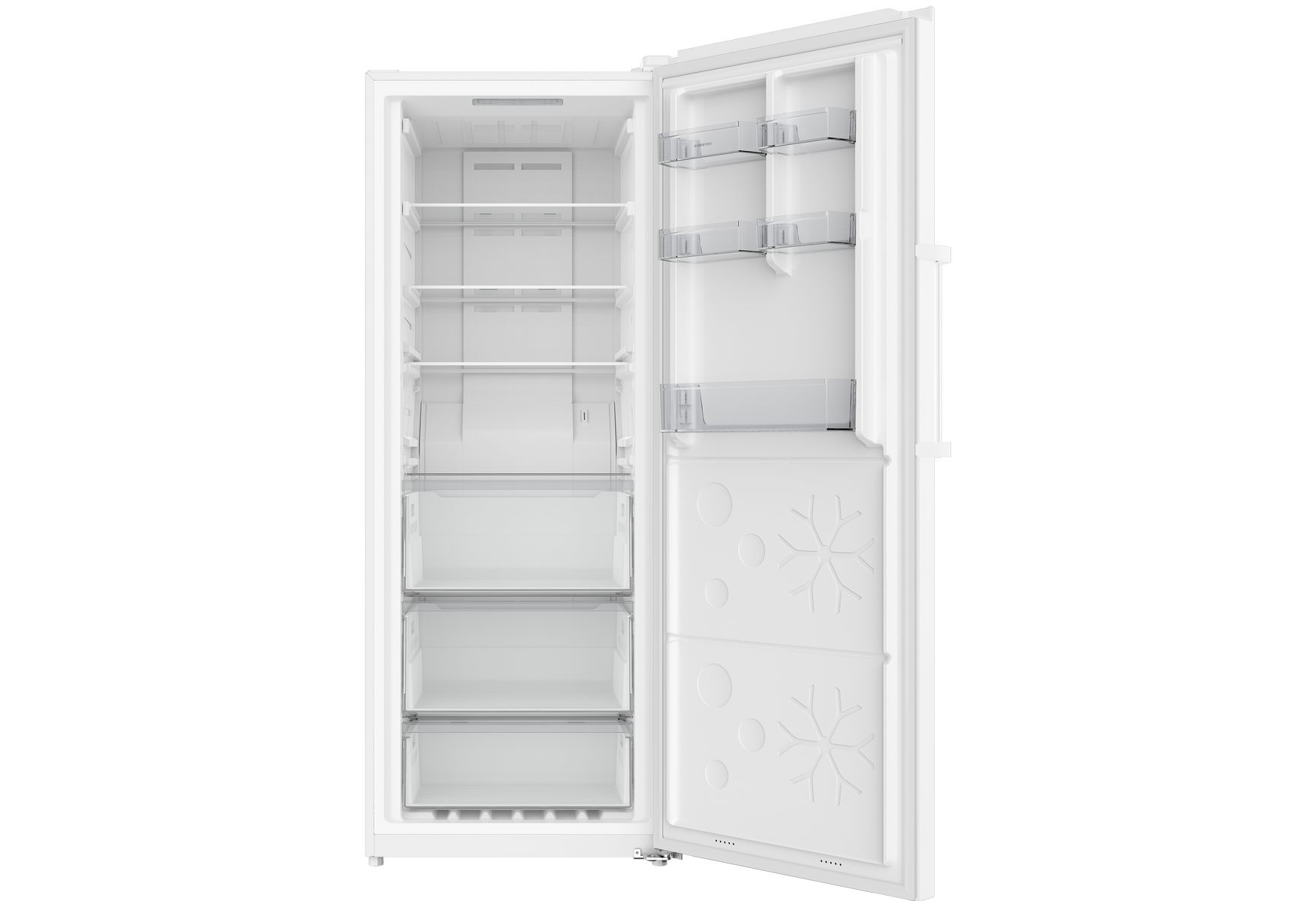 Refrigerador blanco con puerta abierta, mostrando estantes y cajones. Fondo blanco.