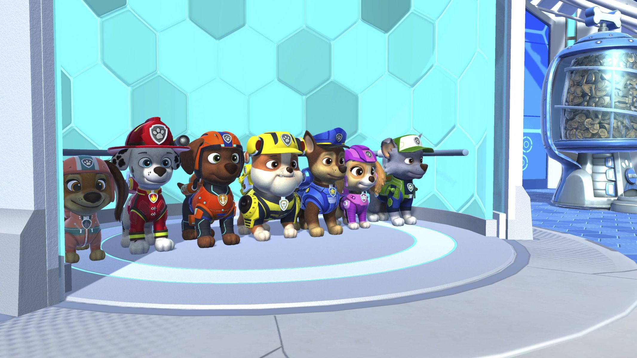Personaggi dei cartoni animati di Paw Patrol in piedi in una stanza. Sono tutti cani.