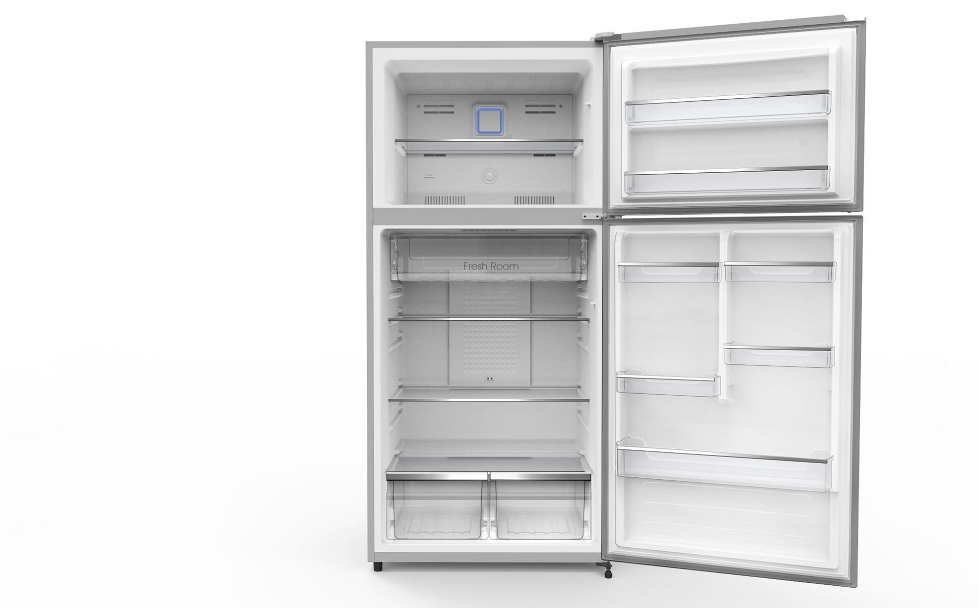 Un refrigerador con dos puertas abiertas, mostrando estantes, cajones y el interior con almacenamiento de alimentos.