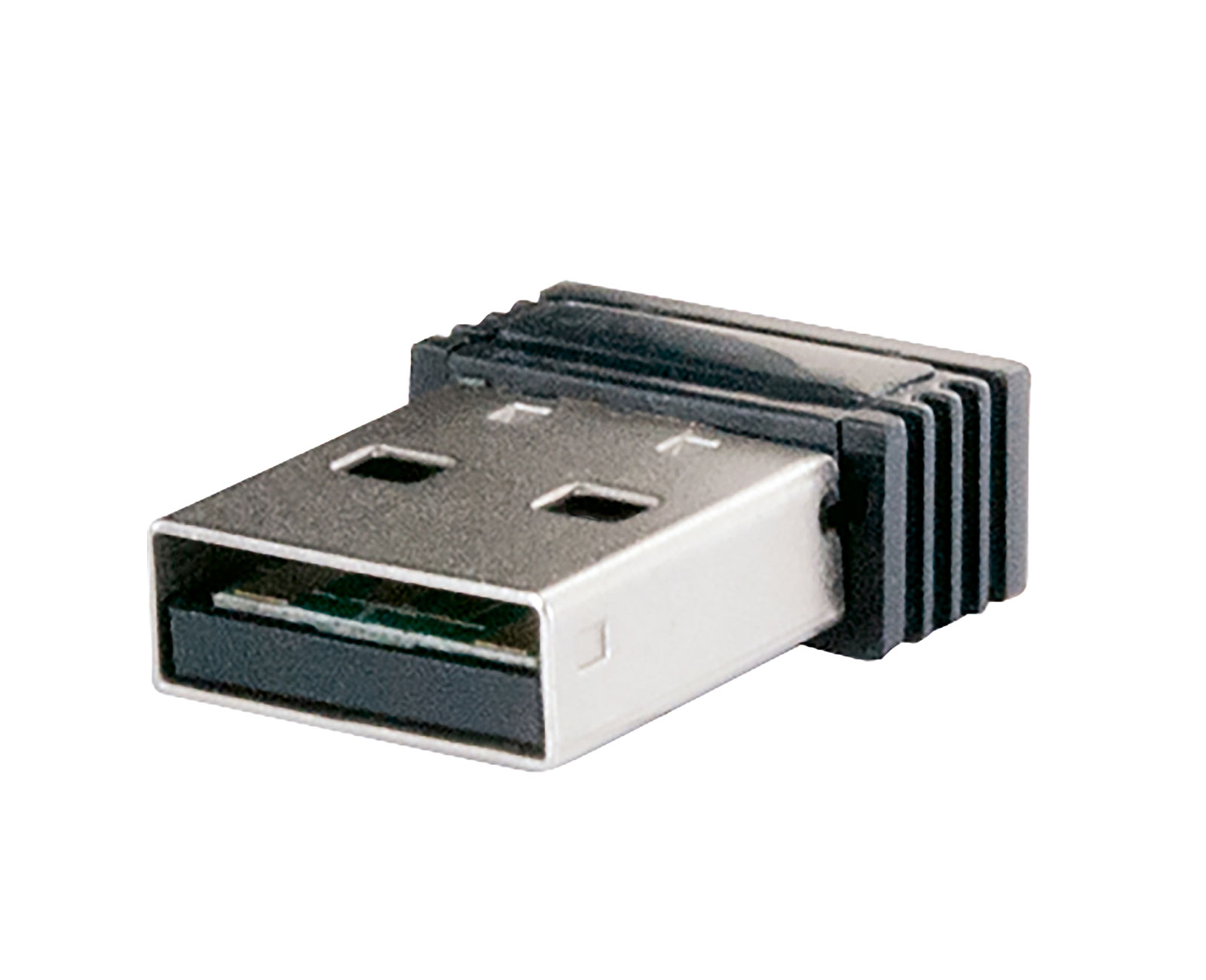 Adattatore USB piccolo, argento e nero, con connettore USB su un'estremità e corpo in metallo.