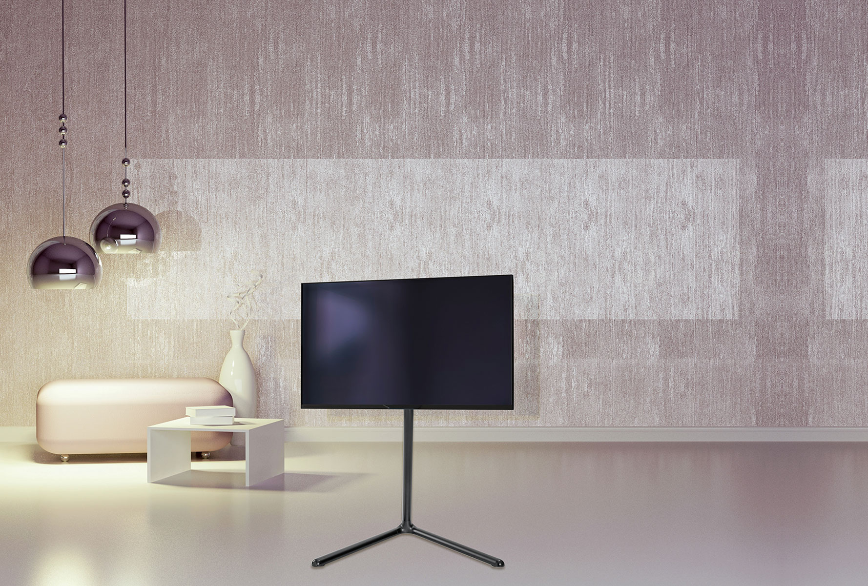 Ein Fernseher auf einem schwarzen Ständer in einem Raum. Es gibt Hängelampen, einen weißen Tisch und eine Vase.
