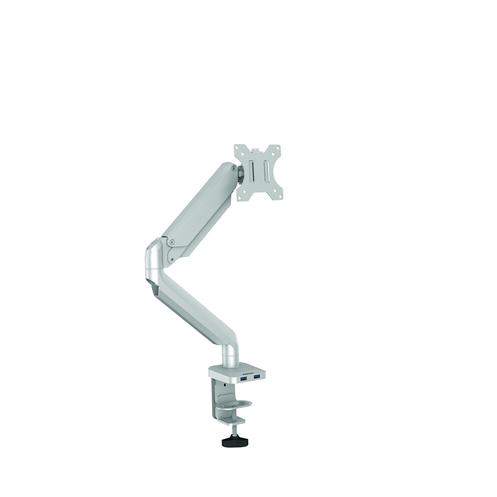 Srebrne i szare ramię monitora z uchwytem i zaciskiem.