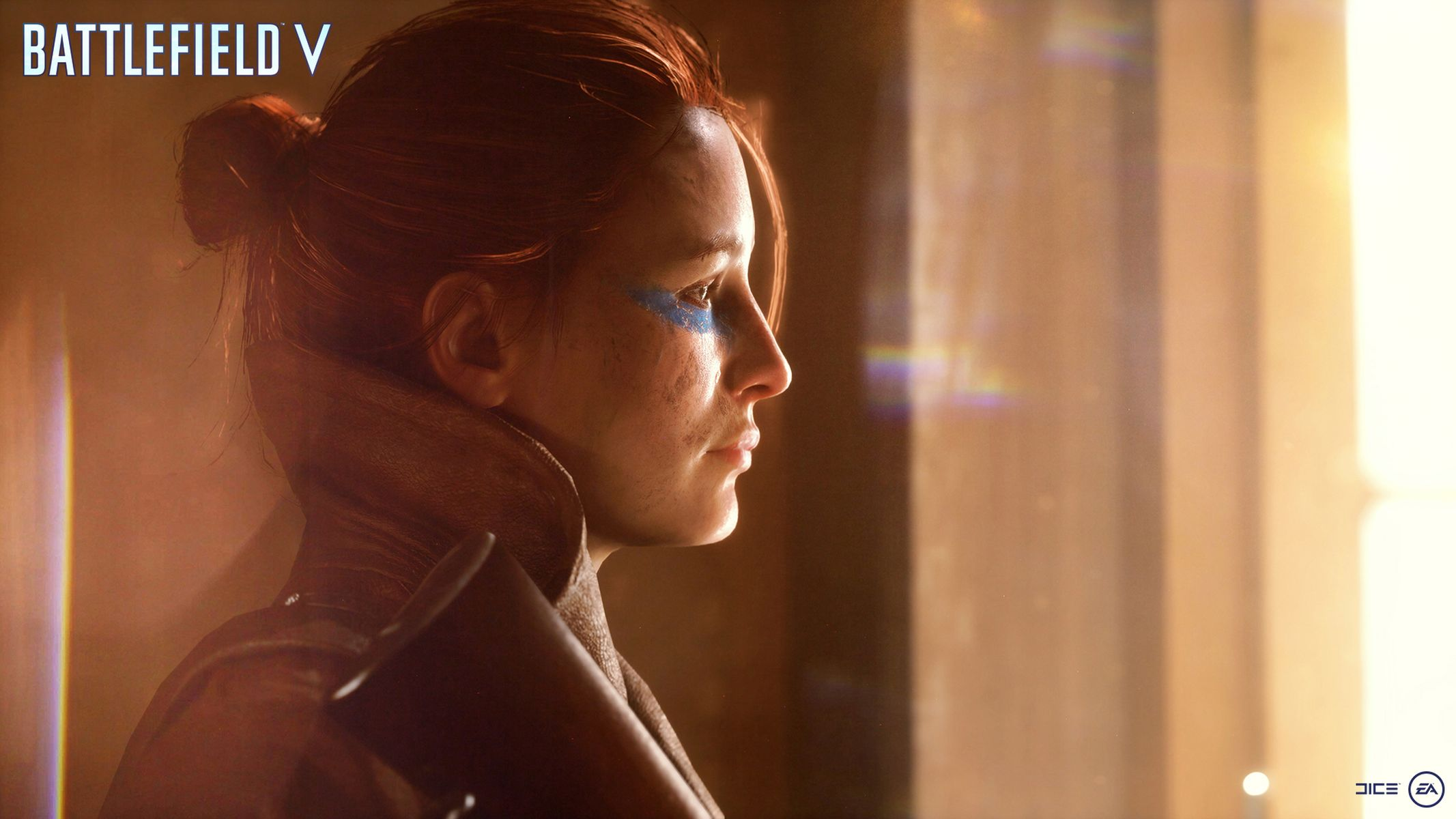Frau im Profil mit rotem Haar und blauem Augen-Make-up. Battlefield V Logo im Hintergrund.