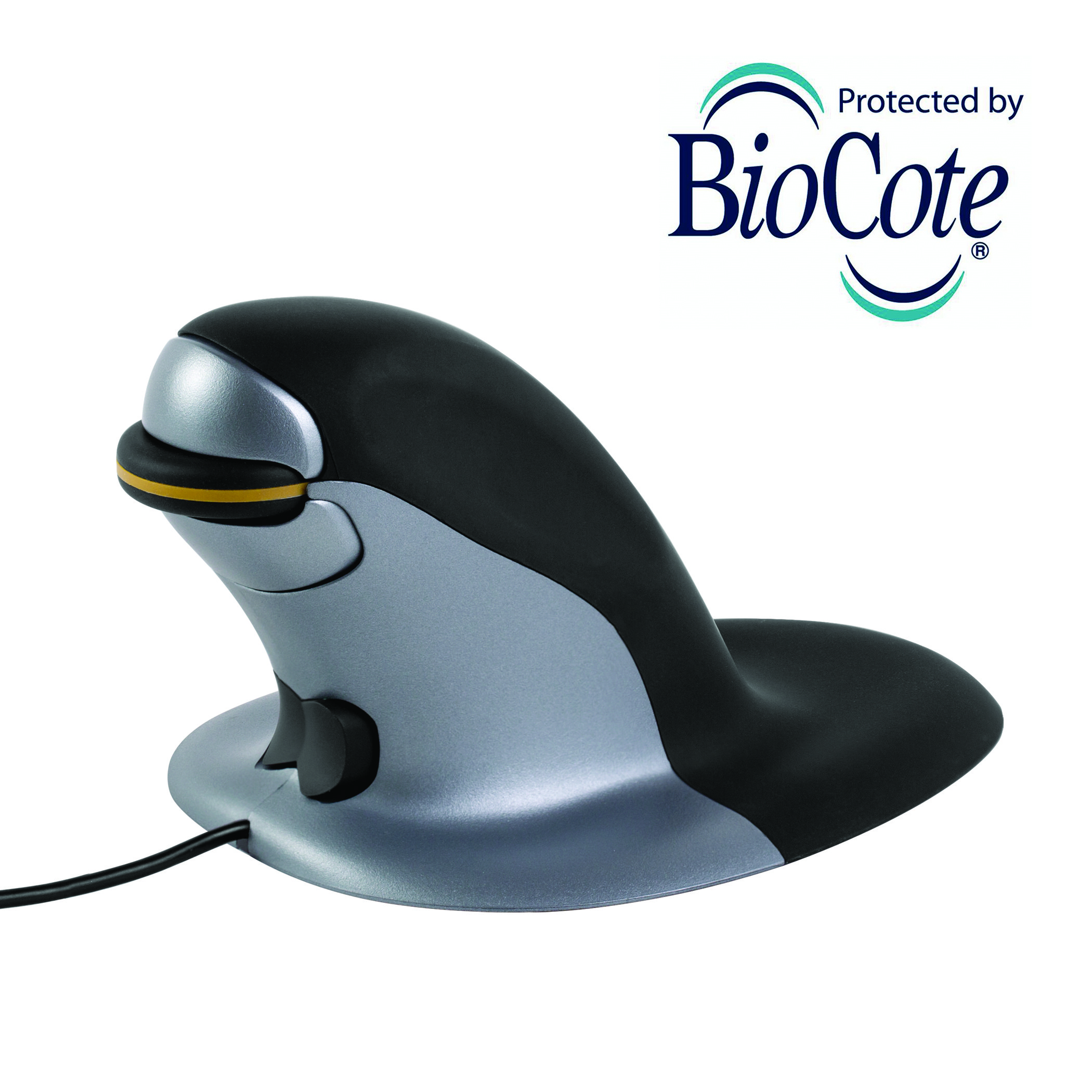 Ergonomiczna mysz z czarno-szarym designem. Posiada logo BioCote.