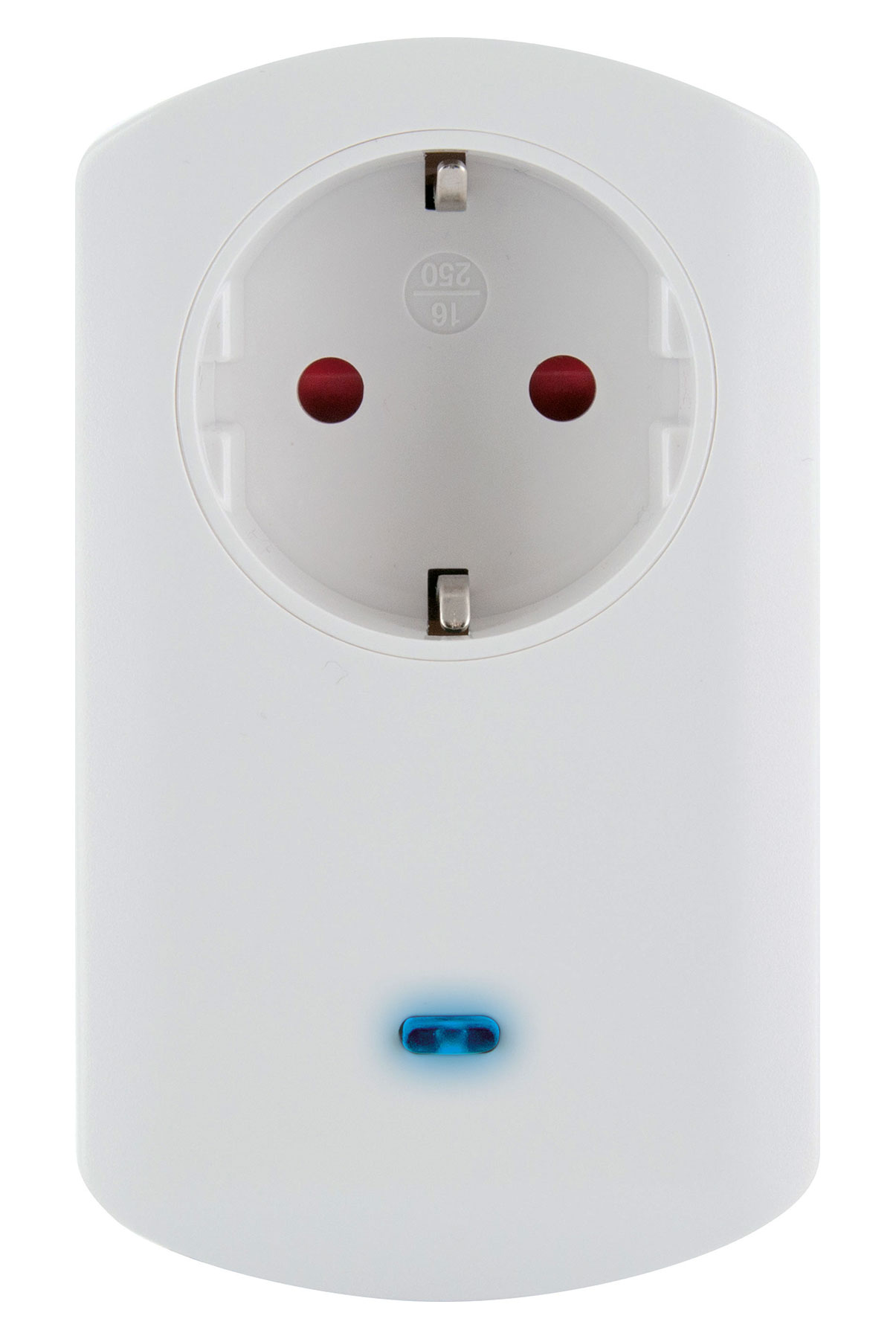 Weiße Steckdose mit blauem Licht. Es hat zwei Löcher für Stecker.