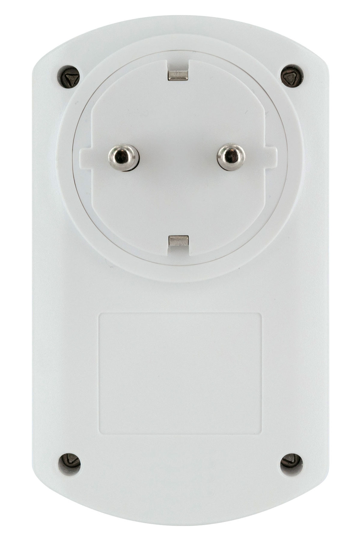 Ein weißer Steckdosenadapter mit europäischem Steckerdesign, isoliert auf weißem Hintergrund.