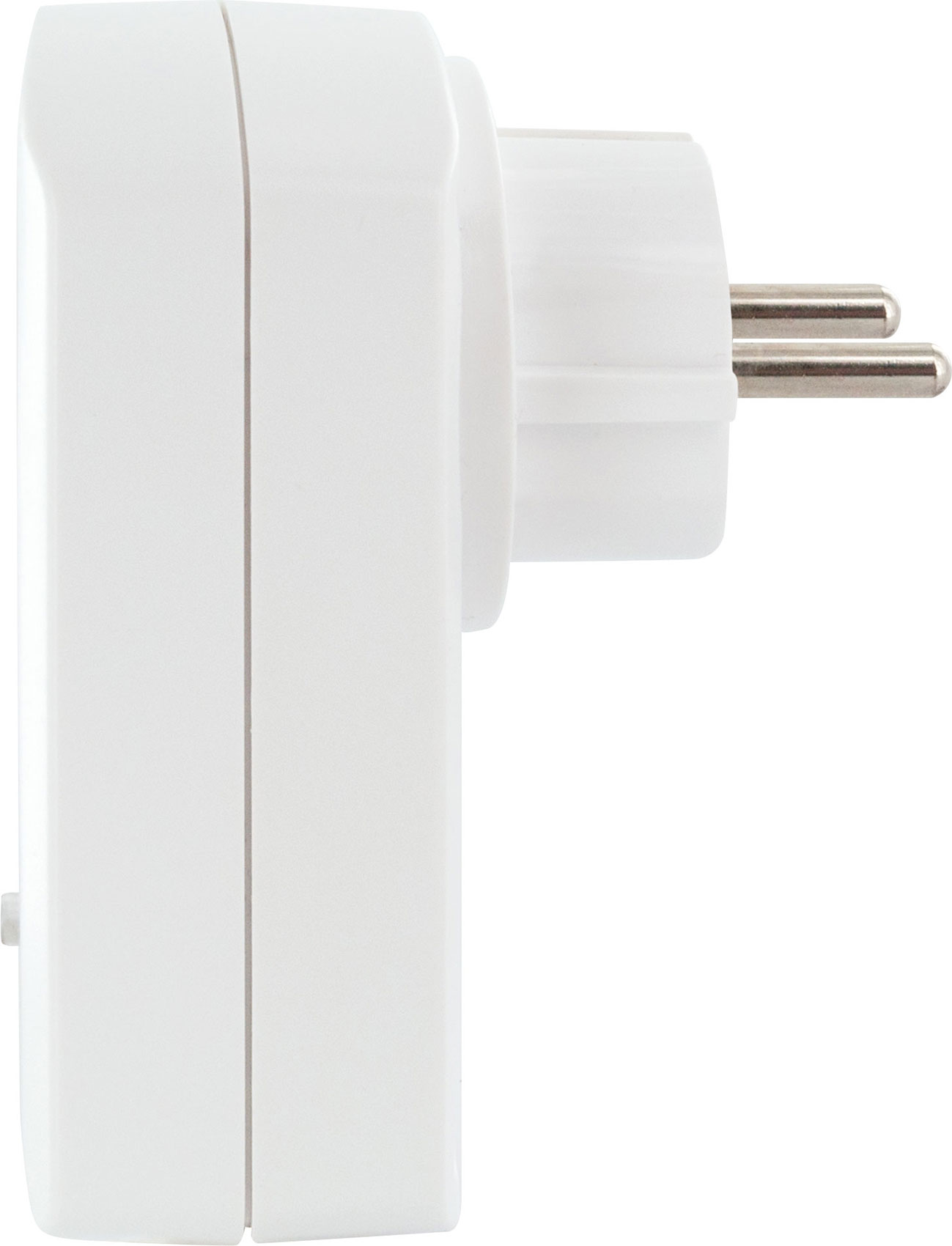 Ein weißer, zweipoliger europäischer Steckeradapter, von der Seite betrachtet.