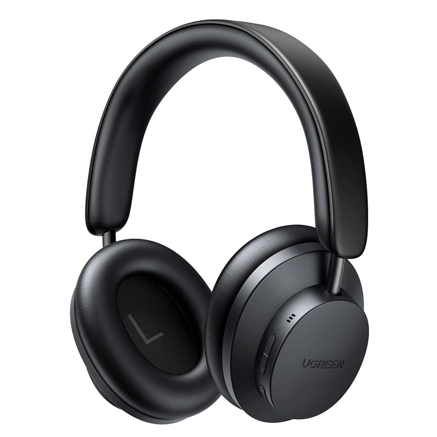 Schwarze UGREEN Kopfhörer. Over-Ear-Design. Weiche Ohrmuscheln und Kopfband. Knöpfe rechts.