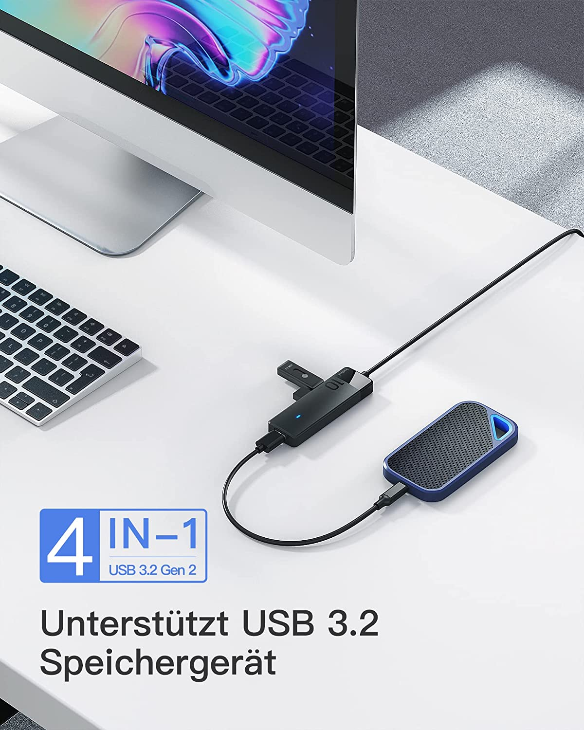 INATECK USB Hub mit 100 Gen 2 4 Schwarz cm USB Geschwindigkeit 3.2 Kabel, USB-A-Anschlüssen, USB Hub
