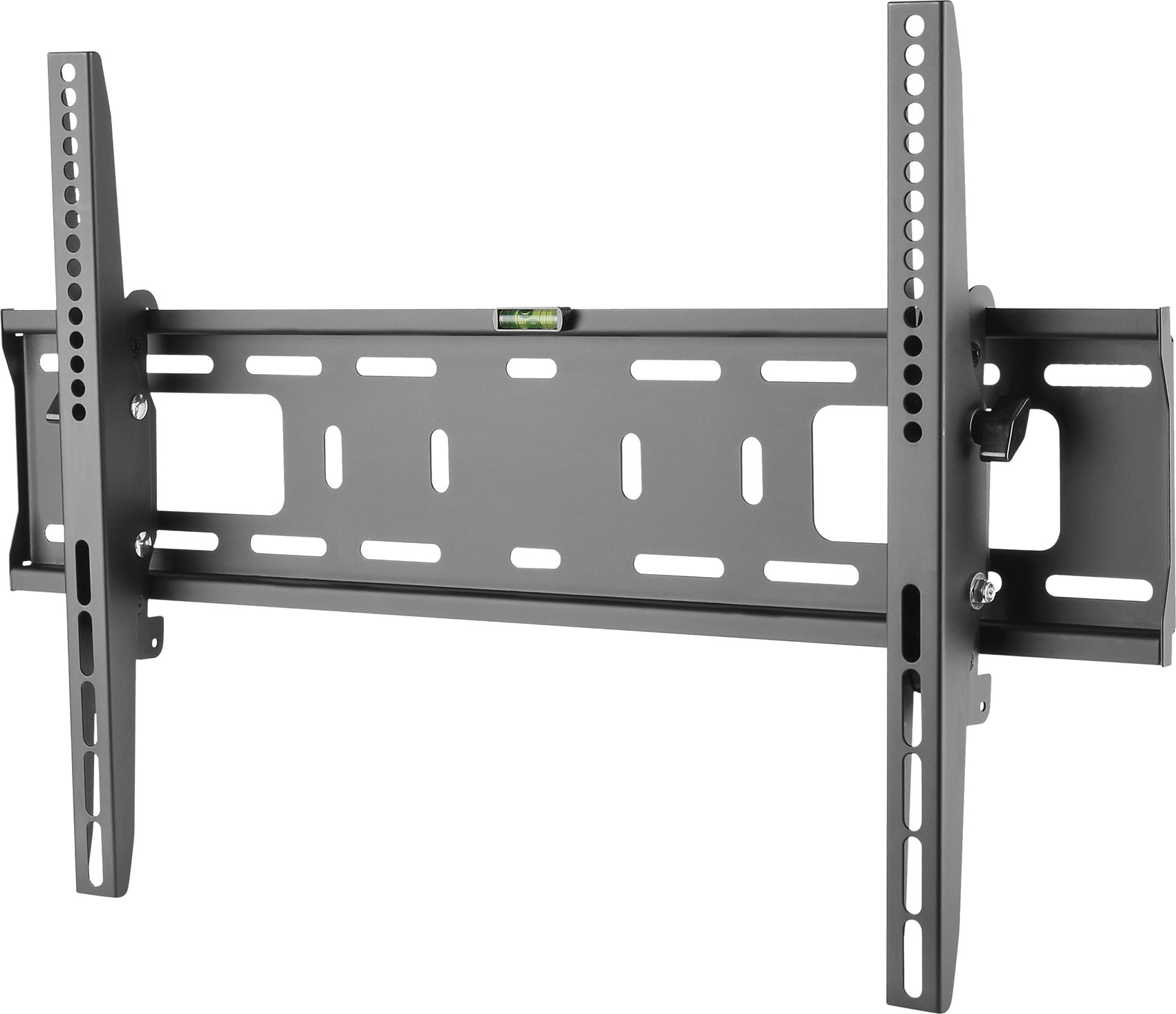 Wandhalterung für einen Fernseher, graues Metall mit Montagearmen. Weißer Hintergrund.