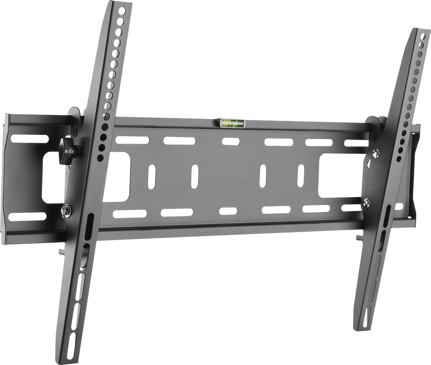 Schwarze TV-Wandhalterung aus Metall mit Wasserwaage. Zwei abgewinkelte Arme stützen den Fernseher.