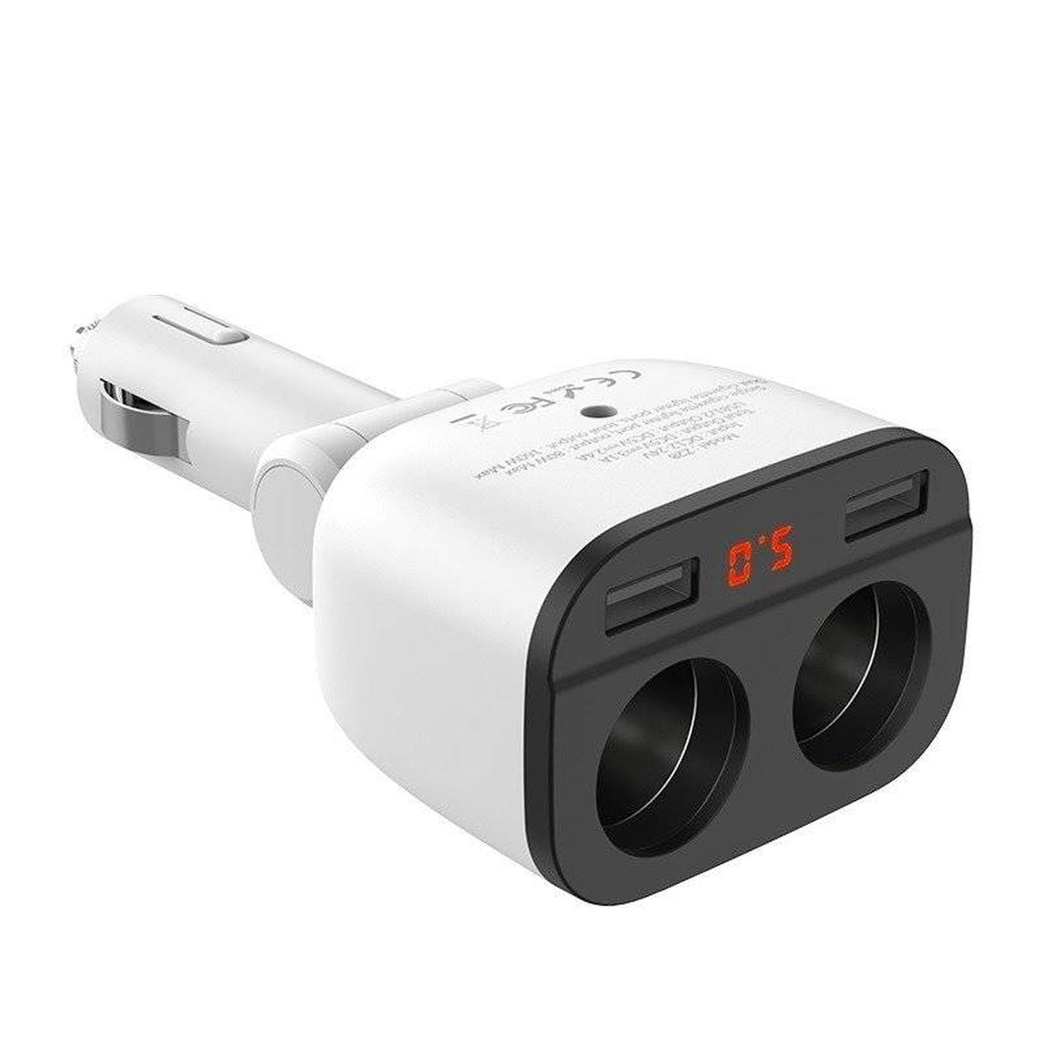 Weißes und schwarzes Autoladegerät mit zwei USB-Anschlüssen und einer 5.0-Anzeige, schräge Ansicht.